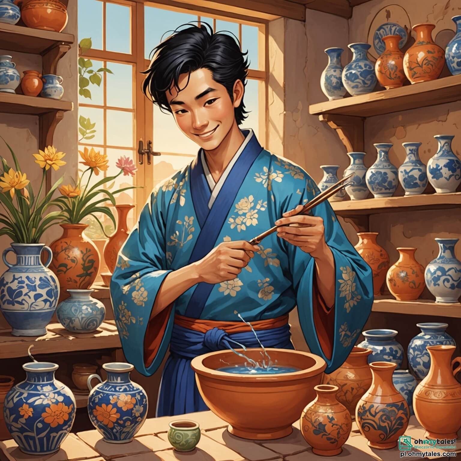 Une illustration destinée aux enfants représentant un homme au sourire chaleureux, aux cheveux noirs comme l'encre, vêtu d'un kimono bleu orné de motifs floraux délicats, se tenant dans son atelier de poterie baigné par la lumière dorée du soleil levant, entouré de vases en terre cuite aux couleurs éclatantes, tandis qu'un petit dragon aux écailles scintillantes et aux ailes flamboyantes, à la fois curieux et espiègle, vole autour de lui, créant une atmosphère magique dans ce village pittoresque niché au cœur d'une forêt verdoyante, où les cerisiers en fleurs dansent doucement au gré du vent.