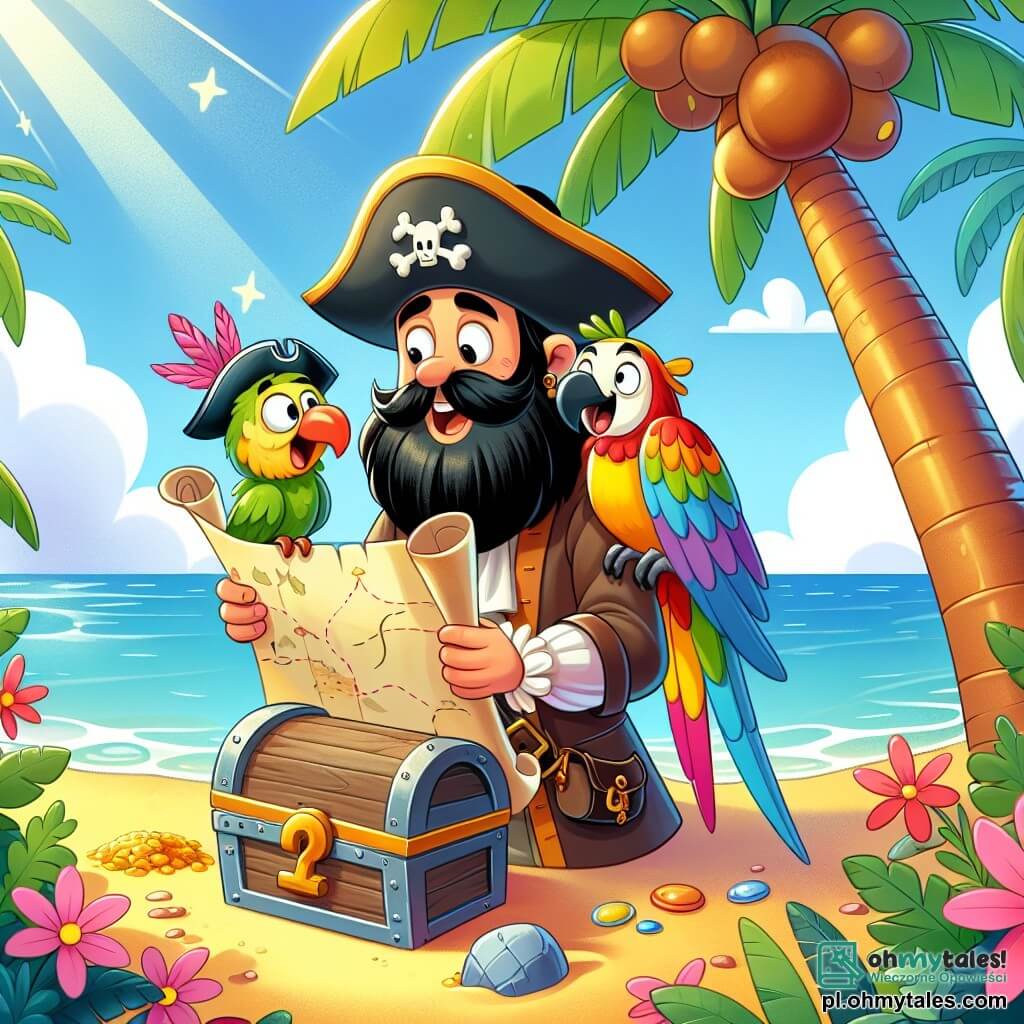 Une illustration sous forme de dessin destinée aux enfants représentant une île tropicale ensoleillée avec des palmiers verdoyants et des fleurs colorées, où un homme pirate à la longue barbe noire et au grand chapeau, tenant une carte au trésor, regarde avec détermination vers une vieille palme, tandis qu'un joyeux perroquet aux plumes multicolores, perché sur son épaule, s'exclame avec enthousiasme, alors qu'ils viennent de découvrir une mystérieuse boîte enfouie dans le sable, symbolisant leur quête d'aventure et de trésor.