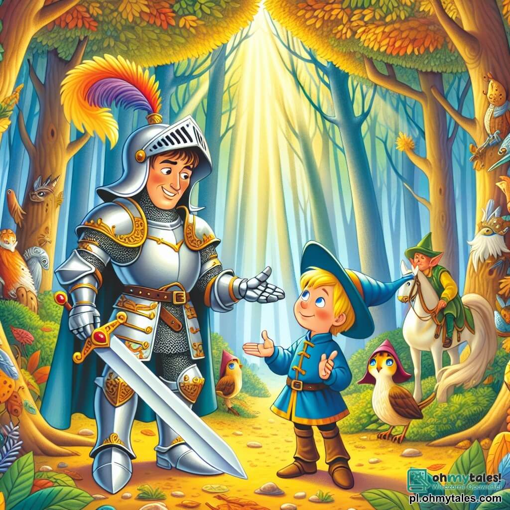 Une illustration sous forme de dessin destinée aux enfants représentant une scène vibrante dans une forêt enchantée, où un chevalier courageux en armure étincelante, avec un casque orné de plumes colorées et un large sourire, tient fermement son épée tout en discutant avec un jeune chevalier aux cheveux blonds et aux yeux pétillants, vêtu d'une tunique bleue, qui semble enthousiaste et prêt à l'aider dans leur quête pour retrouver un ancien trésor perdu, entourés d'arbres majestueux aux feuilles dorées et de créatures magiques observant leur aventure avec curiosité.