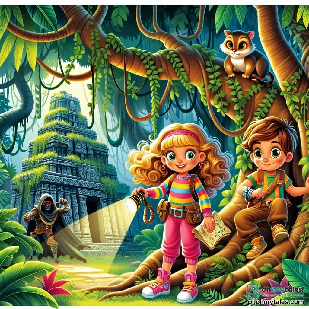 Une illustration sous forme de dessin destinée aux enfants représentant une dense et colorée jungle tropicale, avec des arbres majestueux aux feuilles luxuriantes, où une jeune fille aux longs cheveux bouclés couleur miel, portant des trampolines colorés et tenant une vieille carte, se tient courageusement devant une ancienne temple en pierre recouvert de lianes, tandis qu'à ses côtés, un garçon aux yeux pétillants et à la chevelure brune, armé d'une lampe de poche, l'observe avec admiration, tous deux prêts à découvrir le trésor caché, tandis qu'un mystérieux méchant aux traits sournois se profile à l'arrière-plan, prêt à contrecarrer leurs plans.