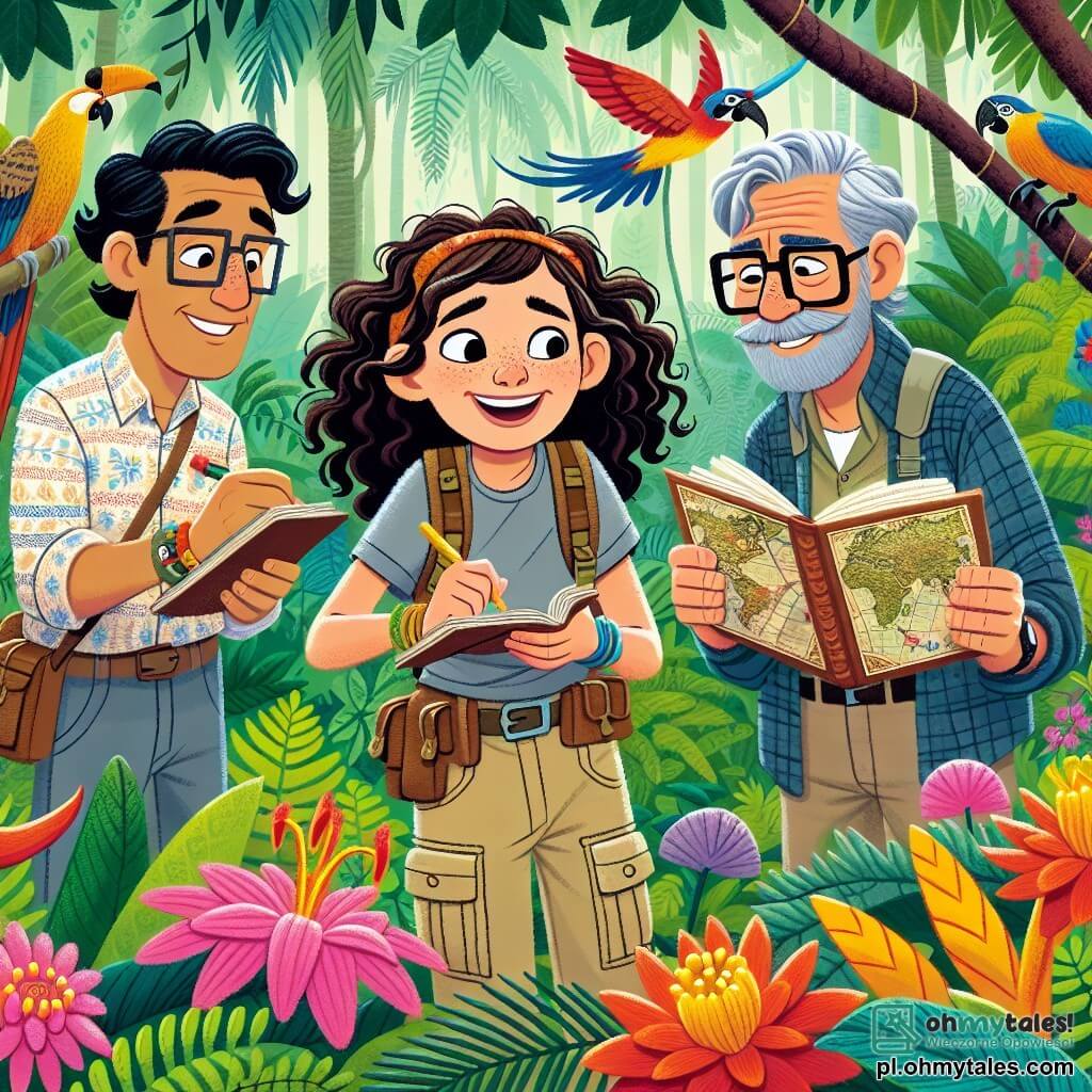 Une illustration sous forme de dessin destinée aux enfants représentant une dense et colorée d jungle tropicale, où une jeune femme aux cheveux bruns et bouclés, vêtue d'un pantalon cargo et d'un t-shirt, observe avec émerveillement des fleurs éclatantes et des plantes exotiques tout en prenant des notes dans son carnet, tandis qu'à ses côtés, un homme au sourire chaleureux, avec des cheveux noirs et une chemise à motifs, lui montre une carte ancienne, et un autre homme, plus âgé, avec des lunettes et une moustache, examine un oiseau coloré perché sur une branche, illustrant leur quête d'aventures et de découvertes dans un monde mystérieux.