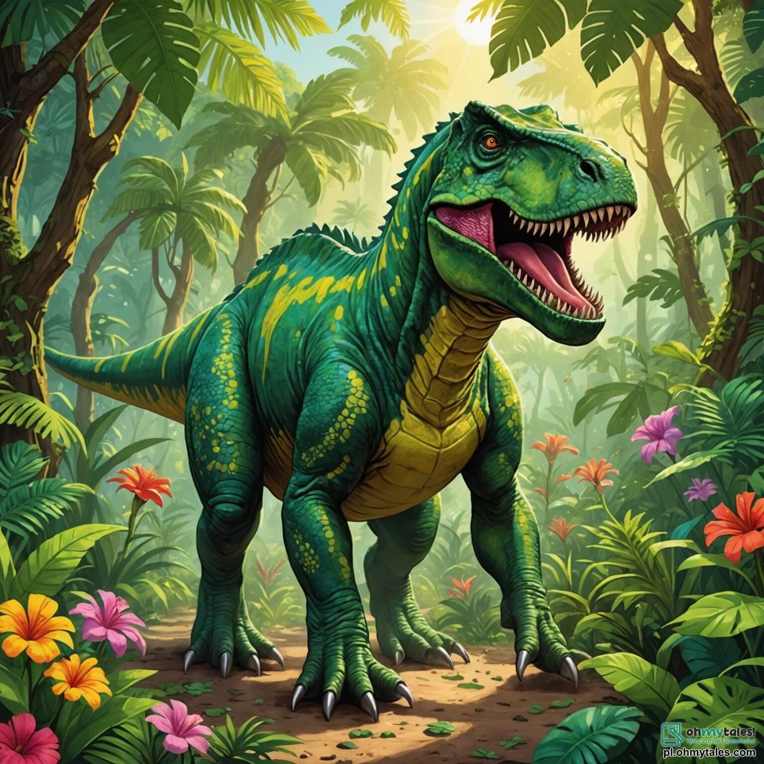 Une illustration destinée aux enfants représentant un majestueux Tyrannosaure Rex, avec sa peau verte éclatante ornée de petites écailles brillantes, se tenant fièrement au milieu d'une densa jungle tropicale où les rayons du soleil filtrent à travers les feuillages luxuriants, illuminant des fleurs colorées et des lianes serpentines, tandis qu'il se lance dans une quête audacieuse pour prouver sa valeur à ses amis, un long cou brachiosaure aux yeux doux et un rapide vélociraptor espiègle, tous deux captivés par l'idée d'explorer une mystérieuse jaskinia remplie de secrets anciens et de trésors oubliés.