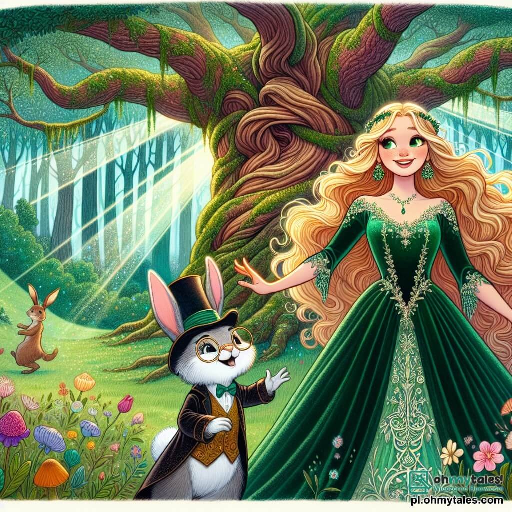 Une illustration destinée aux enfants représentant une jeune femme à la chevelure dorée, scintillante comme les rayons du soleil, vêtue d'une robe en velours vert émeraude ornée de broderies délicates, se tenant fièrement devant un immense chêne millénaire, dont le tronc noueux est recouvert de mousse et de lianes, dans une forêt enchantée où les rayons de lumière filtrent à travers le feuillage dense, tandis qu'à ses côtés, un petit lapin aux lunettes rondes et au chapeau haut de forme, à l'air malicieux, l'encourage à affronter le redoutable sorcier des ombres qui menace leur paisible royaume, tout en étant entourés de fleurs colorées et de créatures fantastiques qui dansent joyeusement dans l'air frais et parfumé de cette terre magique.