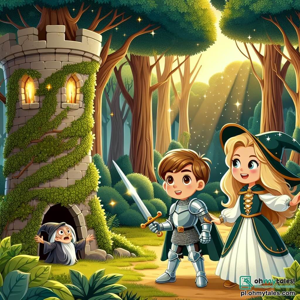 Une illustration sous forme de dessin destinée aux enfants représentant une vaste forêt enchantée, avec de grands arbres aux feuilles scintillantes, où une courageuse chevaleresse aux longs cheveux blonds, vêtue d'une armure étincelante et brandissant une épée, se tient déterminée devant une mystérieuse tour en pierre couverte de lierre, tandis qu'à ses côtés, un jeune garçon giermek aux yeux pétillants et à la chevelure brune l'encourage avec un sourire, alors qu'ils se préparent à affronter une sorcière maléfique qui garde l'entrée de la tour, le tout baigné dans une lumière dorée du soleil couchant.