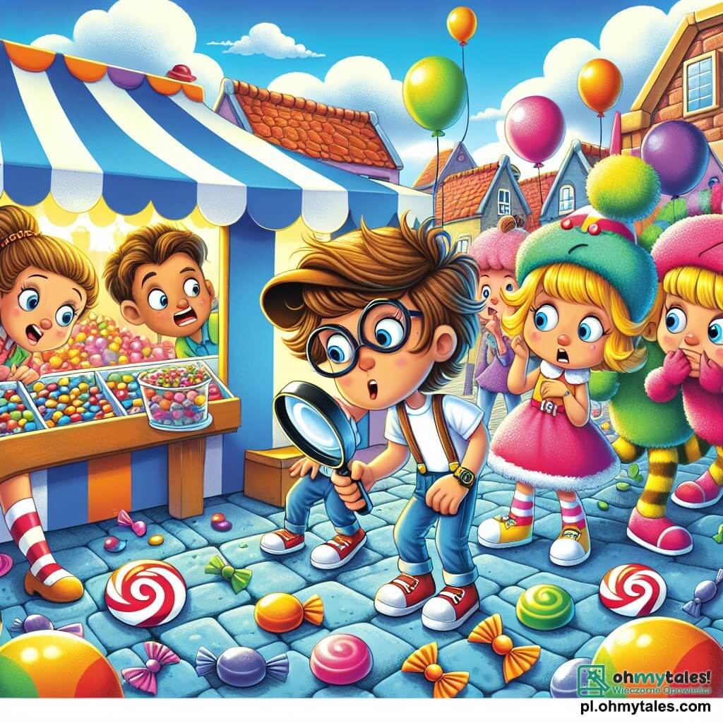 Une illustration sous forme de dessin destinée aux enfants représentant une scène animée d'un festival coloré dans un petit village, avec des stands de sucreries et des ballons flottants, où un garçon de 11 ans aux cheveux bruns en bataille, portant une casquette et une loupe à la main, observe attentivement une fille en costume de mascotte colorée, visiblement inquiète, tandis qu'un groupe d'amis, une fille aux cheveux blonds et un garçon aux lunettes, se penche vers eux, tous cherchant à résoudre le mystère des bonbons disparus, le tout sous un ciel bleu parsemé de nuages moelleux.