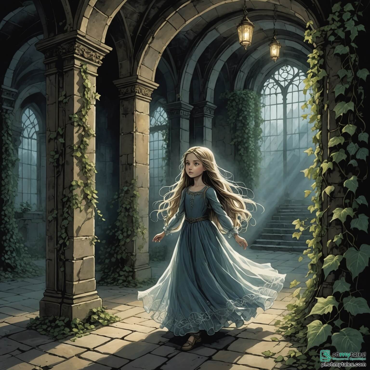 Une illustration destinée aux enfants représentant un fantôme éthéré et lumineux, une jeune fille aux longs cheveux flottants comme des filaments de brume, errant dans un vieux château aux murs de pierre couverts de lierre, où des toiles d'araignées dansent au gré du vent, des chandeliers en fer forgé pendent du plafond haut, projetant des ombres dansantes sur le parquet usé, tandis qu'elle cherche désespérément à retrouver son ami, un courageux garçon aux yeux pétillants de curiosité, qui, armé d'une lampe torche, explore les couloirs sombres et mystérieux, peuplés de portraits aux regards perçants, dans l'espoir de percer le secret de sa triste existence et de libérer son âme piégée dans ce lieu empreint de magie et de mélancolie.