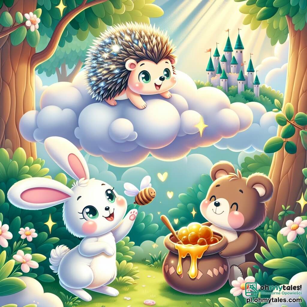 Une illustration sous forme de dessin destinée aux enfants représentant une forêt verdoyante et ensoleillée, avec un petit hérisson aux piquants brillants et aux yeux pétillants, sautillant joyeusement sur une nuage de coton, entouré de son ami le lapin aux grandes oreilles blanches qui l'encourage avec enthousiasme, tandis qu'un ours gourmand, assis sur l'herbe, déguste un pot de miel, le tout évoquant une atmosphère de joie et d'aventure alors qu'ils explorent ensemble un château flottant dans les nuages.