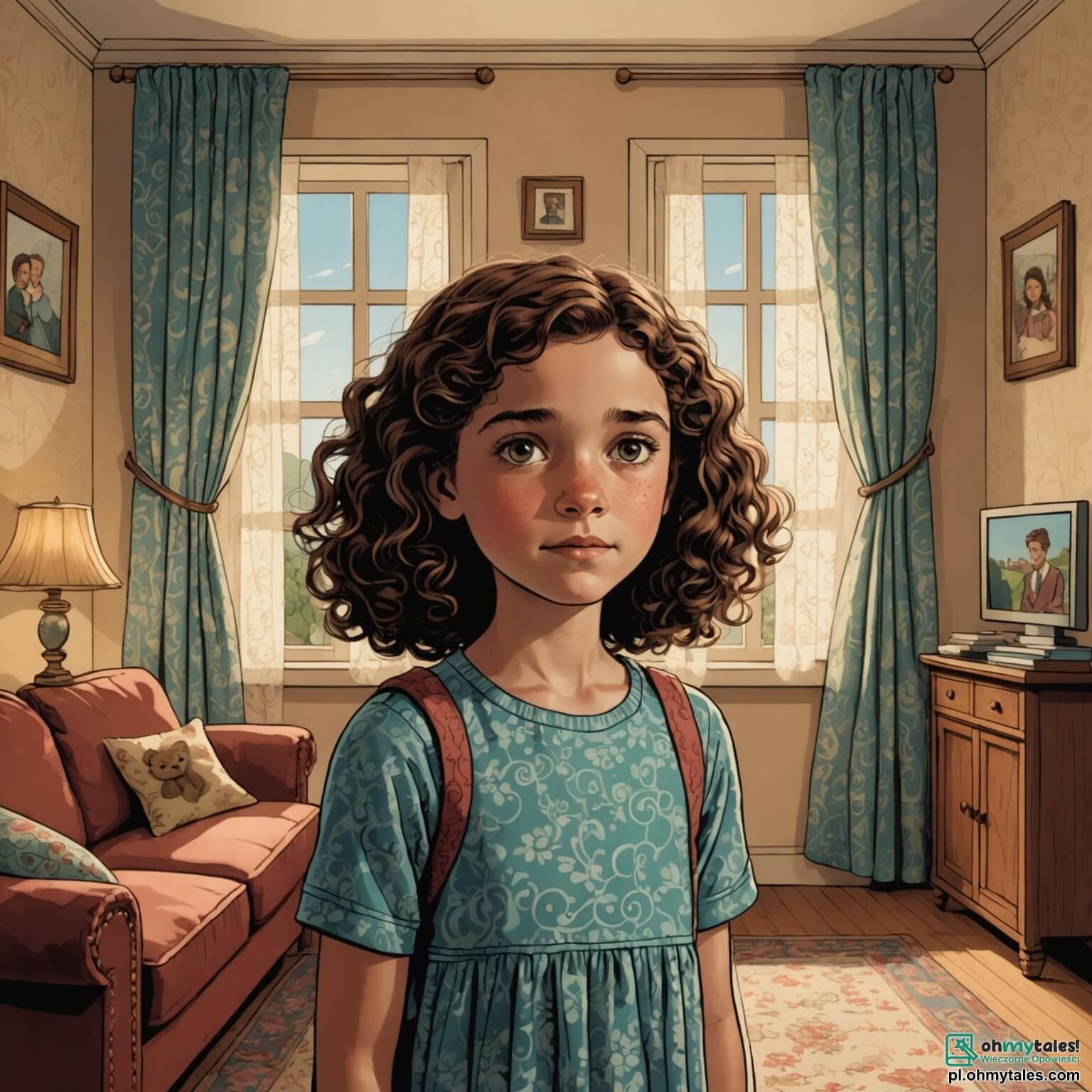 Une illustration destinée aux enfants représentant une petite fille de 10 ans aux cheveux châtains et bouclés, les yeux pétillants de curiosité mais parfois assombris par la mélancolie, se tenant au milieu d'un salon chaleureux mais empreint de tension, où les murs sont ornés de photos de famille souriantes, tandis qu'une lumière douce filtre à travers les rideaux en dentelle, symbolisant la séparation de ses parents, un homme au regard triste et une femme au visage marqué par l'inquiétude, chacun dans leur coin du canapé, tentant de préserver l'amour qu'ils ont pour leur fille malgré le tumulte de leur divorce, le tout se déroulant dans une maison accueillante, où les souvenirs d'instants heureux flottent encore dans l'air, mais où l'incertitude du futur pèse sur les épaules de la fillette.