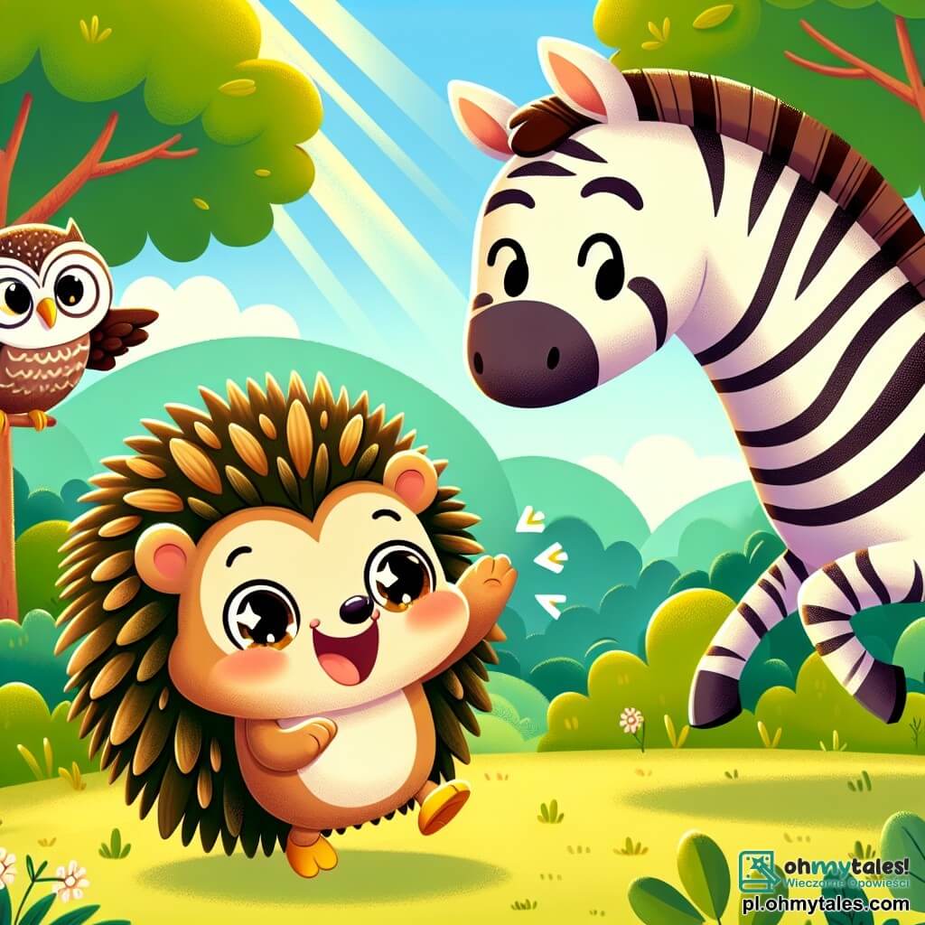 Une illustration sous forme de dessin destinée aux enfants représentant une clairière ensoleillée dans une forêt verdoyante, où un petit hérisson aux piquants dorés et aux yeux pétillants de curiosité se tient debout, riant joyeusement avec un zèbre aux rayures noires et blanches qui saute autour de lui, tandis qu'une sage chouette aux plumes brunes les observe avec un sourire amusé, le tout capturant l'esprit d'une joyeuse compétition de devinettes entre amis, remplie de rires et de bonne humeur.
