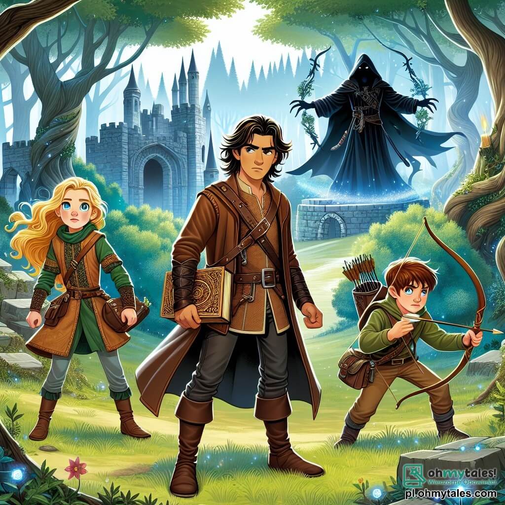 Une illustration sous forme de dessin destinée aux enfants représentant une vaste clairière enchantée, entourée de grands arbres aux feuilles scintillantes, où un jeune homme aux longs cheveux sombres, vêtu d'une tunique en cuir, se tient courageusement devant un ancien château en ruines, tenant une vieille livre de magie, tandis qu'à ses côtés, une fille aux cheveux blonds et aux yeux pétillants, armée d'un arc, et un garçon au regard déterminé, portant un carquois, se préparent à affronter un sorcier maléfique qui émerge des ombres, créant une atmosphère de mystère et d'aventure.