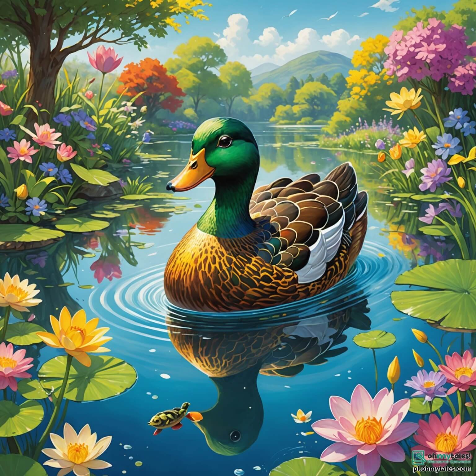 Une illustration destinée aux enfants représentant un canard au plumage éclatant comme un rayon de soleil, flottant joyeusement sur les eaux scintillantes d'un paisible étang entouré de fleurs colorées qui dansent au gré du vent, tandis que des amis fidèles tels qu'un sage tortue à la carapace rugueuse, une petite souris aux yeux pétillants et un lapin curieux aux grandes oreilles l'encouragent à surmonter ses peurs et à réaliser son rêve de voler haut dans le ciel azur, le tout dans un décor enchanteur où les arbres majestueux se penchent doucement, comme pour écouter les doux murmures de leurs aventures.