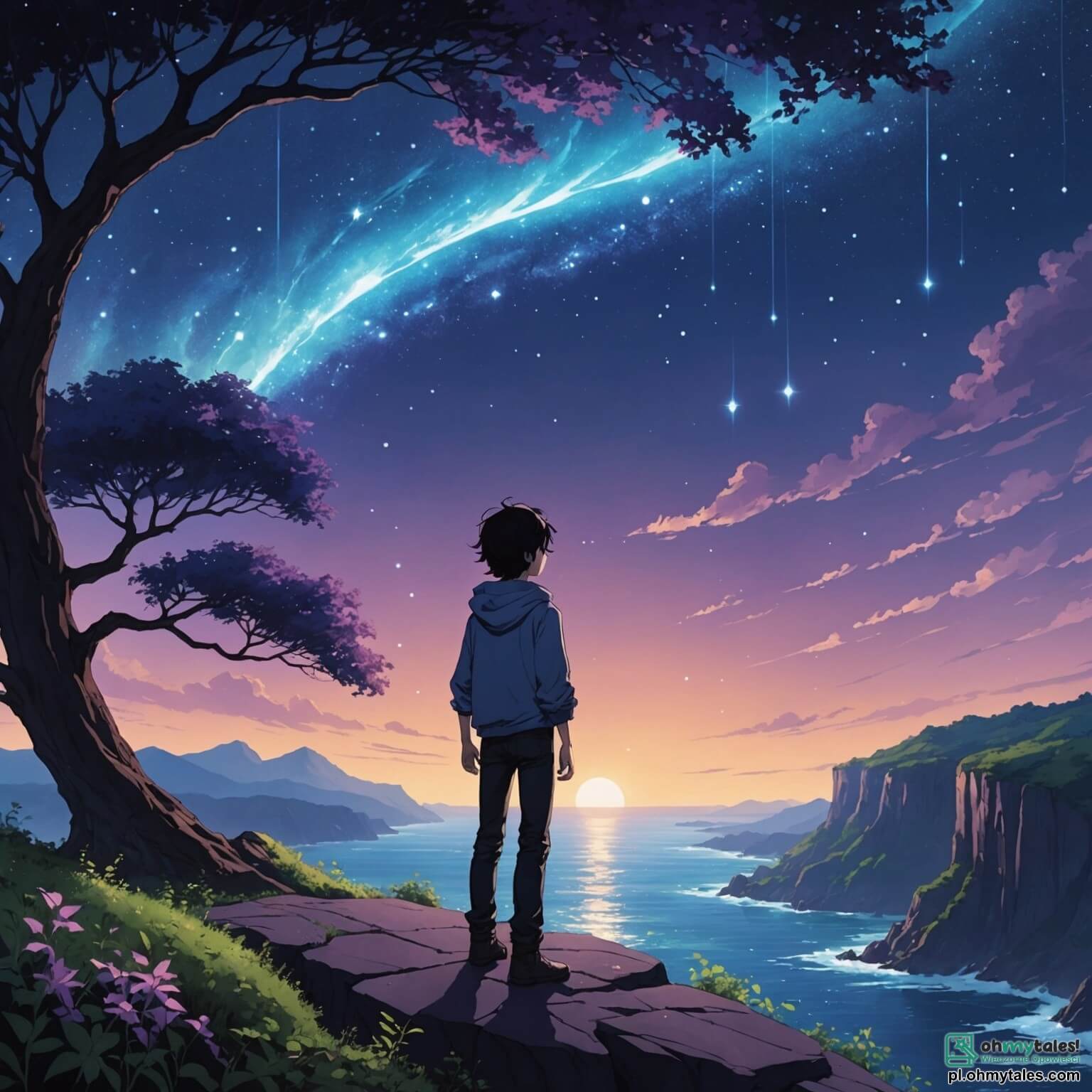 Une illustration destinée aux enfants représentant un jeune homme aux longs cheveux ébène flottant comme des vagues d'ombre dans l'immensité d'un ciel purpurin, ses yeux scintillant comme des étoiles perdues dans une galaxie lointaine, se tenant courageusement au bord d'une falaise d'azur sur la planète Altherion, où des arbres luminescents aux feuilles en forme de lucioles dansent doucement au gré d'un vent léger, tandis qu'il se prépare à partir à la recherche de son père disparu, accompagné par une vieille sorcière sage aux cheveux argentés, dont le regard perçant et bienveillant lui offre une lueur d'espoir dans cette aventure pleine de mystères et de dangers.