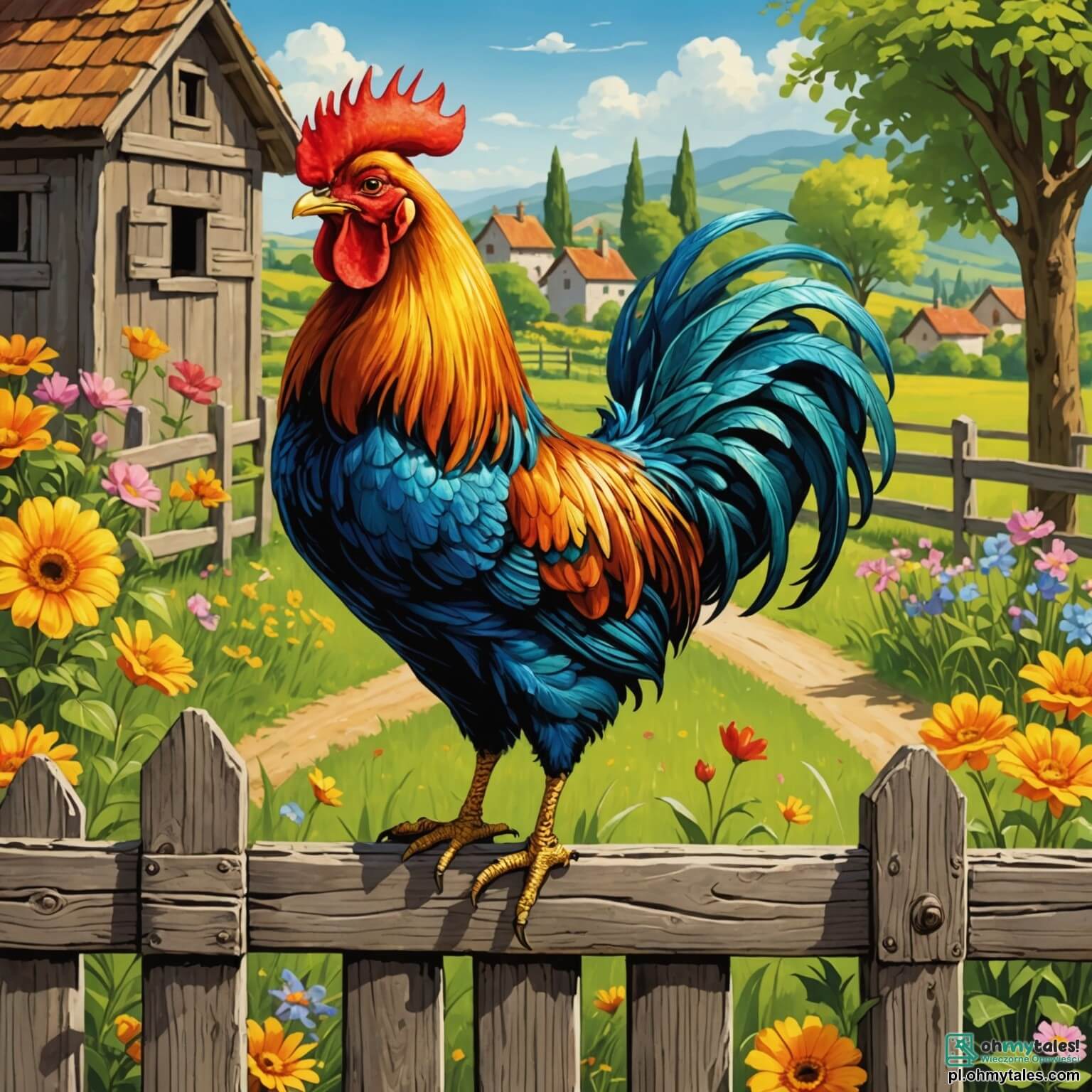 Une illustration destinée aux enfants représentant un coq flamboyant aux plumes dorées scintillant sous les rayons du soleil, perché fièrement sur une vieille barrière en bois usée par le temps, dans un paisible village entouré de champs verdoyants où les fleurs colorées dansent au gré du vent, tandis que ce coq rêve de se produire sur la grande scène du festival des oiseaux, soutenu par sa fidèle amie, une petite grenouille espiègle aux yeux pétillants, qui l'encourage à surmonter sa timidité et à chanter de tout son cœur devant une foule de créatures ailées émerveillées.