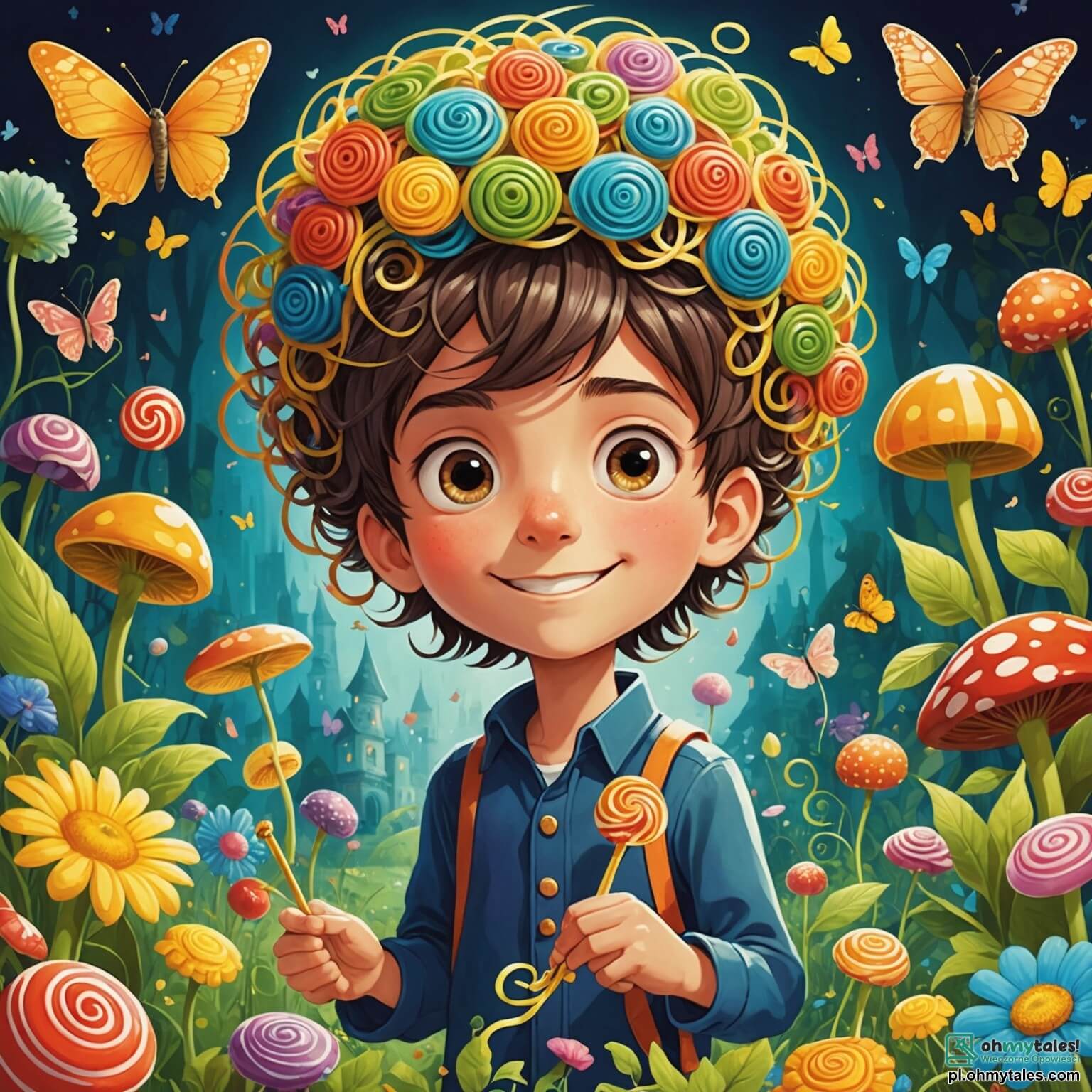 Une illustration destinée aux enfants représentant un garçon aux cheveux en bataille comme des spaghetti colorés, qui se retrouve dans un jardin enchanté où les fleurs chantent des chansons absurdes et où un escargot en chapeau haut de forme, son ami farfelu, l'accompagne dans sa quête pour retrouver la clé d'un château fait de bonbons, le tout baignant dans une lumière dorée et chatoyante, entouré de papillons aux ailes en forme de notes de musique et d'arbres aux troncs rayés comme des bonbons à la menthe.