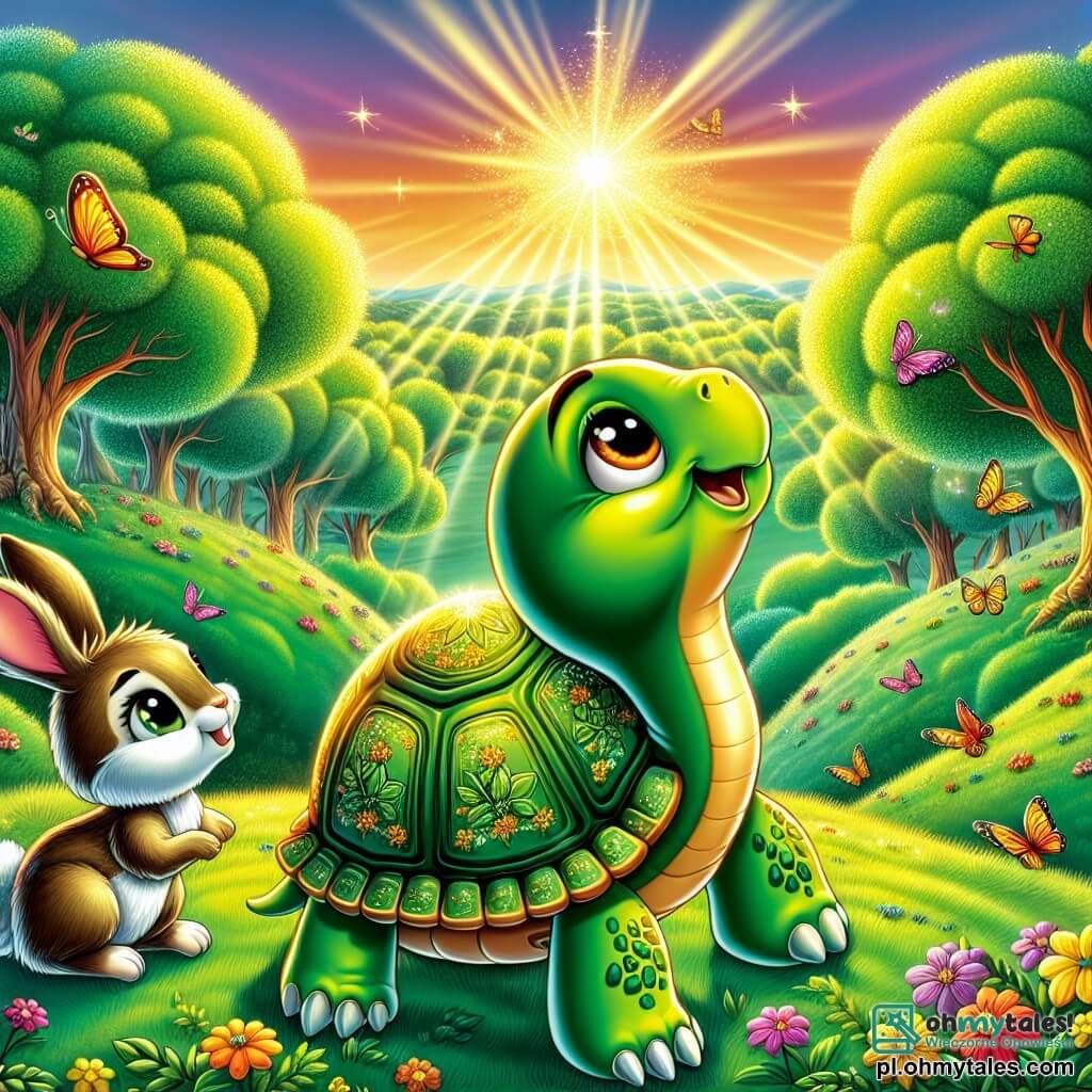 Ilustracja przedstawiająca wspaniały szczyt zielonego wzgórza, oświetlony złotym światłem zachodzącego słońca. Na środku sceny duma żółw z błyszczącą, zieloną skorupą, ozdobioną delikatnymi wzorami, stoi dumnie, unosząc głowę w stronę jasnego Złotego Kwiatu z złotymi płatkami, lśniącymi jak gwiazdy. Obok niego młody królik z dużymi uszami i miękkim futrem, z oczami błyszczącymi ciekawością, z zachwytem obserwuje żółwia, gotowy go wspierać. Żółw, z determinacją na twarzy, wydaje się szykować do spełnienia życzenia, jego oczy błyszczą marzeniem i nadzieją. W tle majestatyczne drzewa z liśćmi w jaskrawym zielonym kolorze i kolorowe kwiaty dodają magii tej zaczarowanej scenie, podczas gdy kolorowe motyle tańczą wokół, tworząc radosną i bajkową atmosferę.