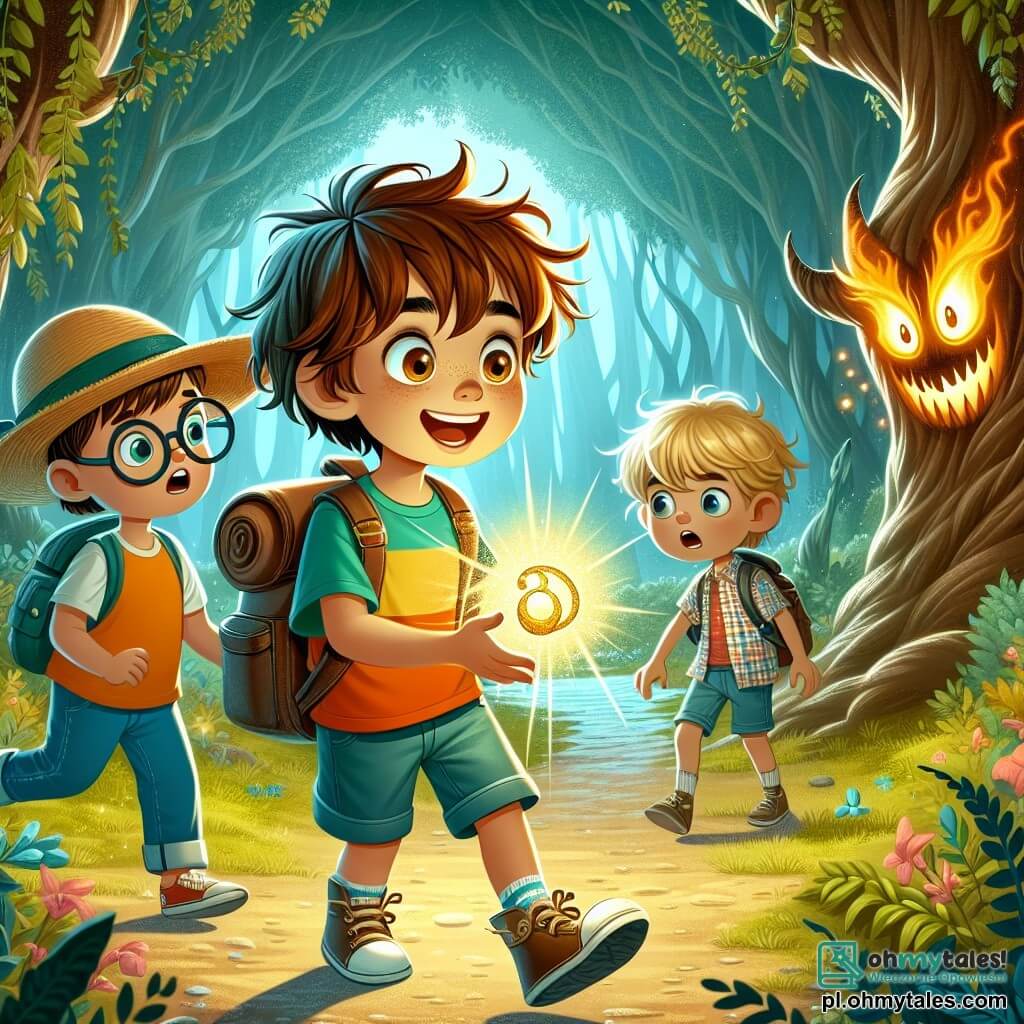 Une illustration sous forme de dessin destinée aux enfants représentant une clairière enchantée dans une forêt magique, avec un garçon de 10 ans aux cheveux bruns en bataille, portant un t-shirt coloré et un short, qui tient une petite boule dorée brillante dans ses mains, entouré de deux autres garçons : l'un avec des lunettes et un chapeau de paille, souriant et racontant une histoire, et l'autre avec des cheveux blonds et une chemise à carreaux, regardant avec curiosité la scène, alors qu'ils se préparent à affronter un grand monstre aux yeux flamboyants qui se cache dans l'ombre des arbres, symbolisant leur courage et leur amitié dans cette aventure fantastique.