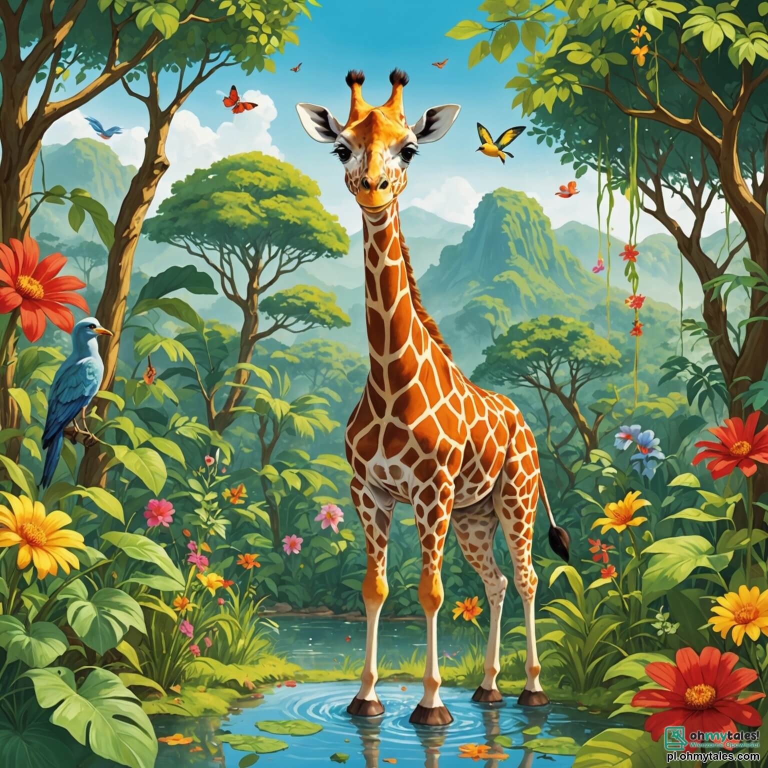 Une illustration destinée aux enfants représentant une majestueuse girafe aux longs cils et au pelage tacheté de caramel et de crème, se dressant fièrement au cœur d'une densa jungle vibrante de couleurs, où des lianes vertes s'entrelacent avec des fleurs éclatantes de rouge et de jaune, tandis qu'un petit éléphant espiègle, aux grandes oreilles battantes, s'amuse à éclabousser une flaque d'eau, et un oiseau aux plumes chatoyantes, perché sur une branche, gazouille joyeusement, alors que la girafe, curieuse et pleine de vie, se lance dans une quête pour découvrir les feuilles les plus savoureuses des arbres géants qui l'entourent, tout en partageant des rires et des aventures avec ses amis de la jungle.