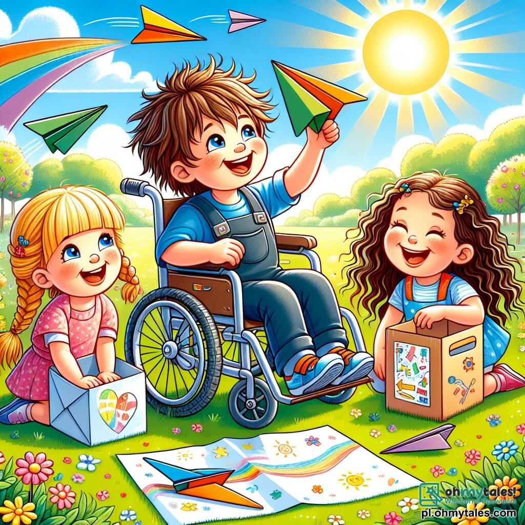 Illustration destinée aux enfants représentant un parc ensoleillé, avec une pelouse verdoyante parsemée de fleurs colorées et un ciel bleu éclatant. Au centre, un garçon de 3 ans, avec des cheveux bruns en désordre et un grand sourire, est assis dans un petit fauteuil roulant, tenant un papier coloré en forme d'avion. À ses côtés, deux filles, l'une avec des cheveux blonds tressés et l'autre avec des cheveux châtains bouclés, sont en train de rire tout en tenant des avions en papier colorés. Ensemble, ils s'apprêtent à lancer leurs créations dans les airs, symbolisant la joie de l'amitié et l'imagination, tandis qu'un grand carton décoré de dessins colorés est posé sur le sol à proximité, représentant leur projet de grand avion.