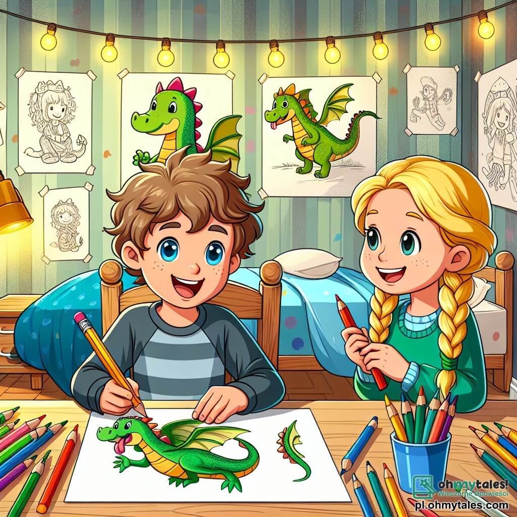 Une illustration sous forme de dessin destinée aux enfants représentant une chambre lumineuse et colorée, avec des murs ornés de dessins d'aventures, où un garçon de 9 ans aux cheveux bruns et bouclés, assis à son bureau en bois, dessine avec enthousiasme un grand dragon vert sur une feuille de papier, tandis qu'une fille de son âge, aux cheveux blonds tressés, sourit en tenant des crayons de couleur, illustrant ainsi leur amitié et leur créativité pendant que le garçon se remet d'une maladie.