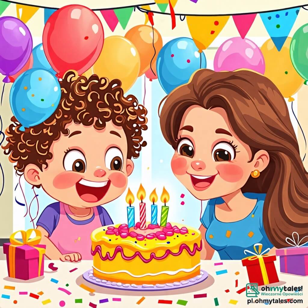 Une illustration sous forme de dessin destinée aux enfants représentant une joyeuse cuisine colorée décorée de ballons et de guirlandes, où un garçon de 2 ans aux cheveux bouclés et aux yeux pétillants, souriant avec émerveillement, souffle sur deux bougies d'un magnifique gâteau d'anniversaire, tandis que sa maman, une femme souriante aux cheveux longs et bruns, l'encourage avec enthousiasme, créant une atmosphère festive et chaleureuse remplie de rires et de joie.