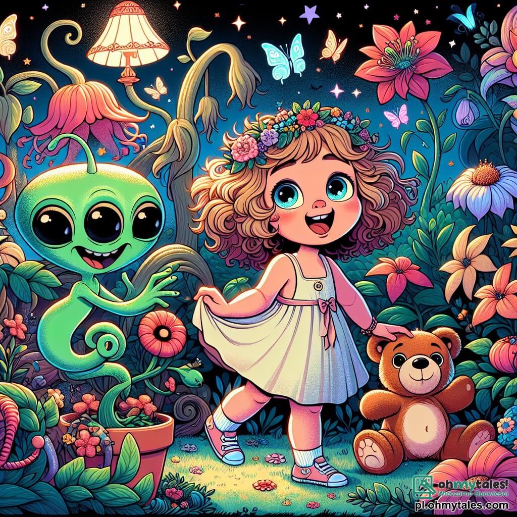 Une illustration sous forme de dessin destinée aux enfants représentant un jardin magique rempli de fleurs colorées et de plantes étranges, où une fille de 7 ans aux cheveux bouclés et aux yeux pétillants, vêtue d'une robe légère, danse joyeusement en tenant un ours en peluche, tandis qu'à ses côtés se tient un petit extraterrestre vert à trois pattes et aux grands yeux brillants, qui sourit et s'apprête à lui montrer son vaisseau spatial caché derrière une grande chuchotante, le tout baigné dans une lumière éclatante qui évoque l'aventure et l'amitié.