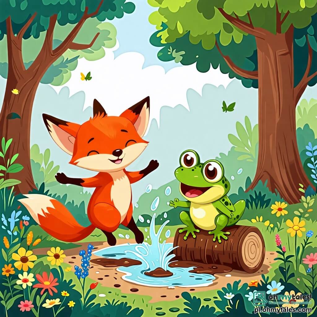 Une illustration sous forme de dessin destinée aux enfants représentant une forêt verdoyante avec des arbres majestueux et des fleurs colorées, où un petit renard au pelage roux et aux yeux malicieux saute joyeusement dans une flaque de boue, éclaboussant autour de lui, tandis qu'une petite grenouille verte avec de grands yeux ronds, assise sur un gros liège, rit aux éclats en le regardant, capturant ainsi un moment amusant d'amitié et de jeu dans la nature.