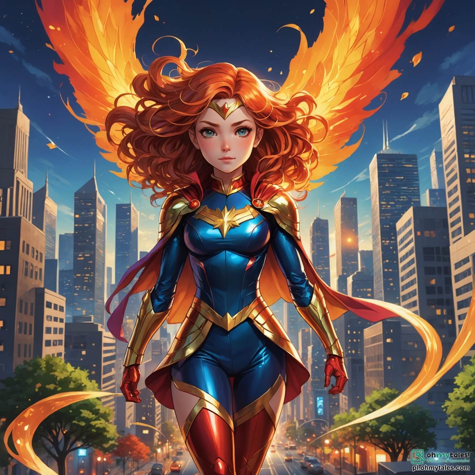 Une illustration destinée aux enfants représentant une super-héroïne aux cheveux flamboyants comme un coucher de soleil, vêtue d'un costume scintillant aux couleurs de l'arc-en-ciel, qui vole avec grâce au-dessus d'une ville magique aux bâtiments chatoyants, où les rues sont pavées de pierres précieuses et les arbres portent des feuilles dorées, alors qu'elle se prépare à affronter un mystérieux antagoniste, un homme au teint grisâtre et à la voix murmure, qui menace de plonger ce monde vibrant dans une morosité sans couleur, tandis qu'à ses côtés se tient un sage scientifique aux lunettes rondes et à la barbe ébouriffée, prêt à l'aider avec ses inventions extraordinaires pour restaurer la joie et la lumière dans ce royaume enchanteur.