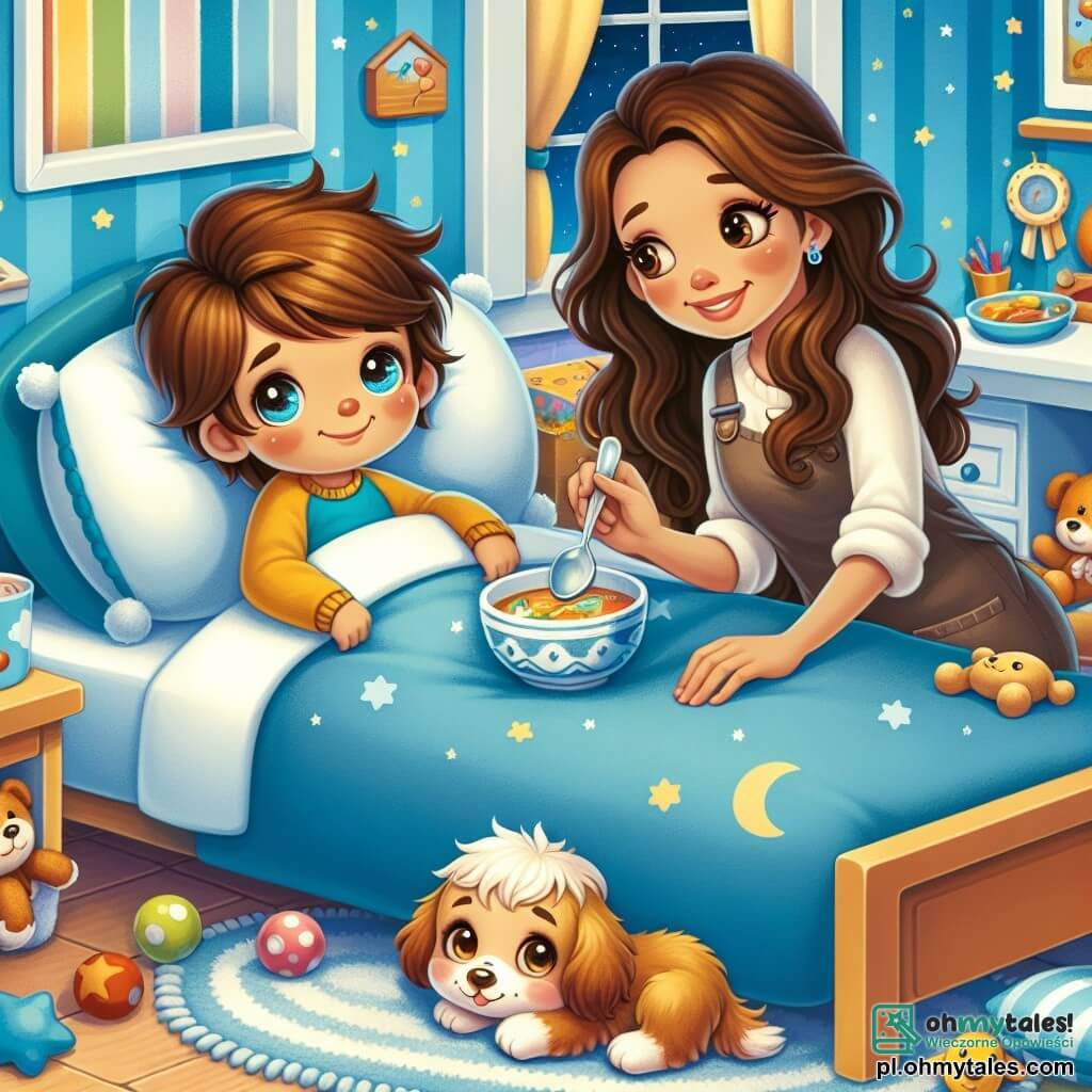 Illustration destinée aux enfants représentant une chambre chaleureuse et colorée, avec des murs peints en bleu ciel et des jouets éparpillés sur le sol, où un petit garçon de 3 ans, aux cheveux châtains et aux yeux pétillants, est allongé dans son lit, entouré de coussins moelleux et d'un doux plaid. À côté de lui, une maman bienveillante, aux cheveux longs et bruns, sourit en lui apportant une assiette de soupe chaude, tandis qu'un petit chien aux poils dorés se blottit contre le lit, regardant le garçon avec des yeux pleins d'affection. La scène dégage une atmosphère de réconfort et d'amour, illustrant le moment où le garçon se remet d'une légère maladie, prêt à retrouver ses amis et à jouer à nouveau.