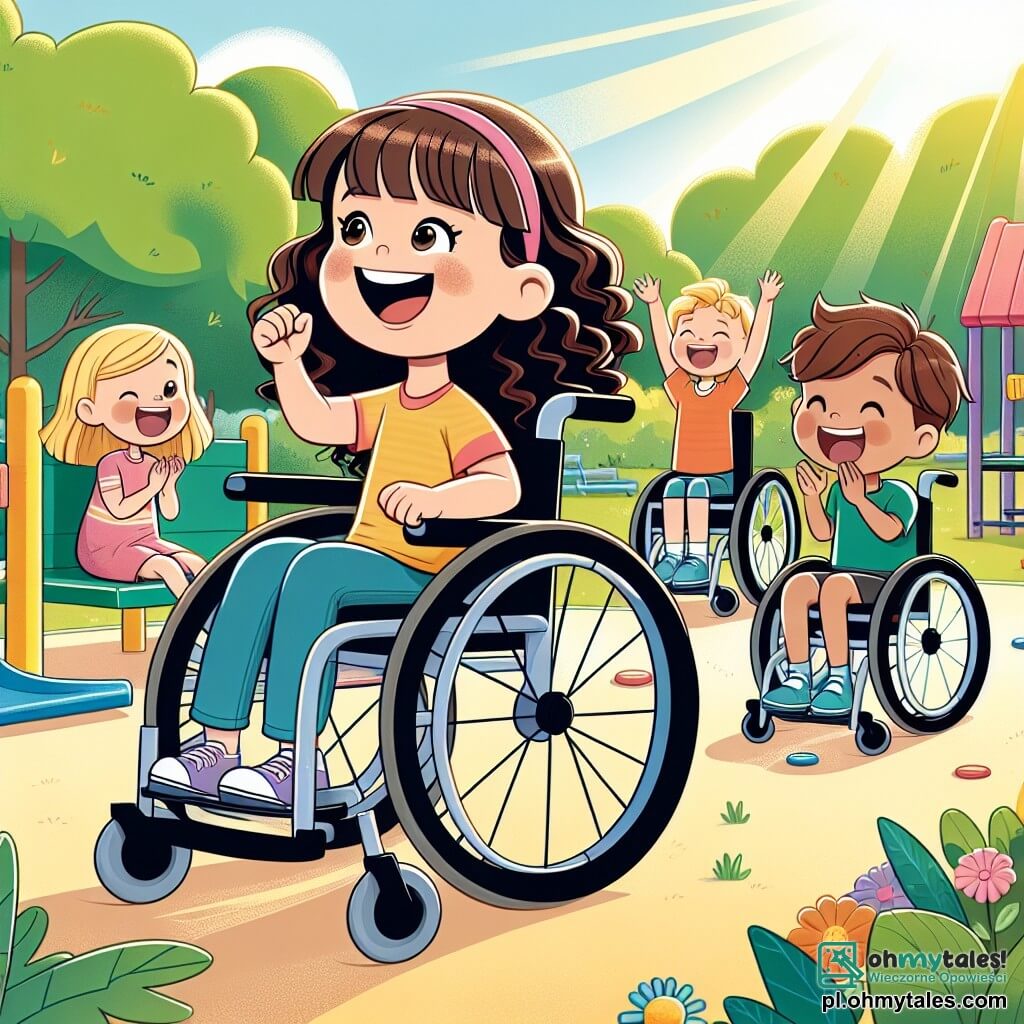 Une illustration sous forme de dessin destinée aux enfants représentant un parc ensoleillé avec des arbres verdoyants et un terrain de jeux coloré, où une fille de 7 ans aux cheveux bruns et bouclés, souriante et pleine d'énergie, est assise dans son fauteuil roulant, entourée de ses amis, dont une fille aux cheveux blonds qui rit joyeusement et un garçon aux cheveux châtains qui applaudit, alors qu'ils s'apprêtent à commencer une course de fauteuils roulants, illustrant ainsi l'esprit d'inclusion et de camaraderie malgré les défis.