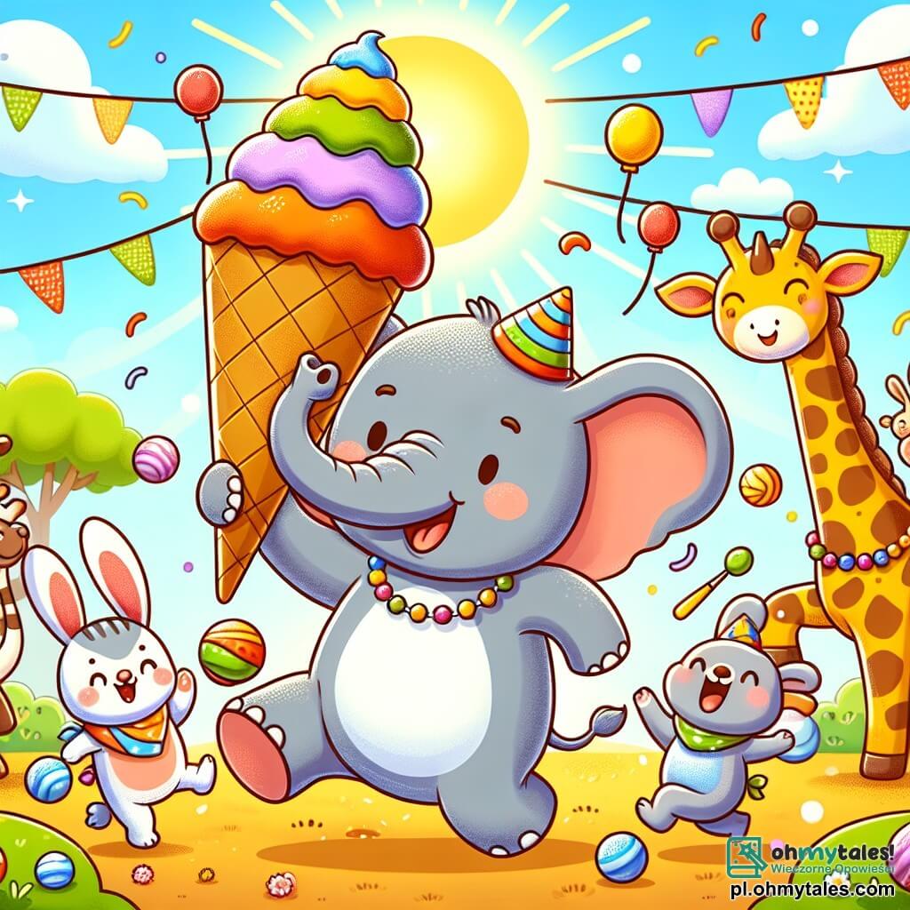 Une illustration sous forme de dessin destinée aux enfants représentant une fête colorée dans un parc ensoleillé, où un grand éléphant gris aux grandes oreilles et un sourire joyeux se tient au centre, tenant un énorme cornet de glace en forme de volcan, entouré de ses amis : un petit lapin aux grandes oreilles sautillant de joie et une girafe colorée avec des perles autour du cou, tous deux riant et lançant des boules de glace dans une joyeuse bataille de nourriture, tandis que des enfants et d'autres animaux s'amusent en arrière-plan, créant une atmosphère festive et pleine de rires.
