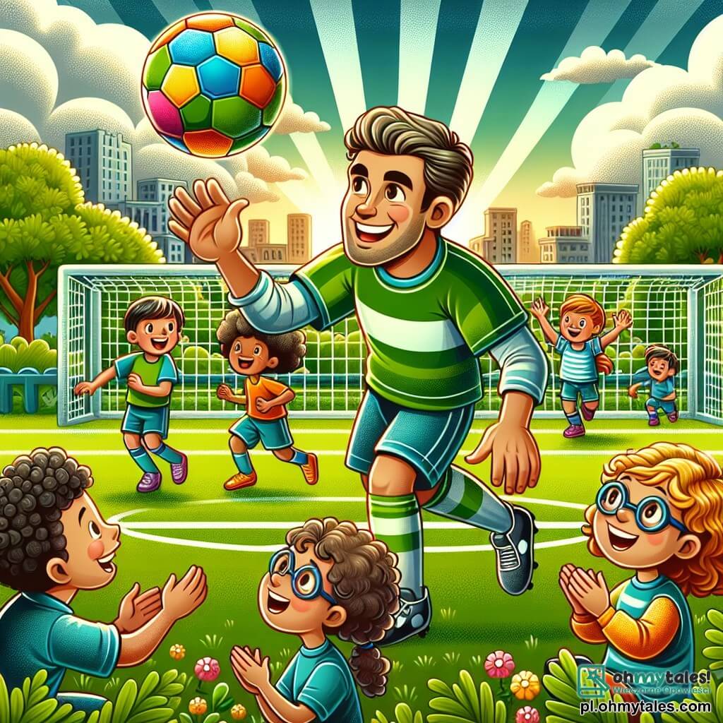 Une illustration sous forme de dessin destinée aux enfants représentant un terrain de football verdoyant sous un ciel ensoleillé, avec un homme athlétique portant un dossard coloré, souriant et jonglant habilement avec un ballon de football, entouré de plusieurs enfants joyeux, dont une fille aux cheveux bouclés qui applaudit et un garçon aux lunettes qui essaie de copier les mouvements de l'homme, illustrant un moment de partage et de plaisir lors d'un entraînement de football où les enfants apprennent à jouer tout en s'amusant ensemble.