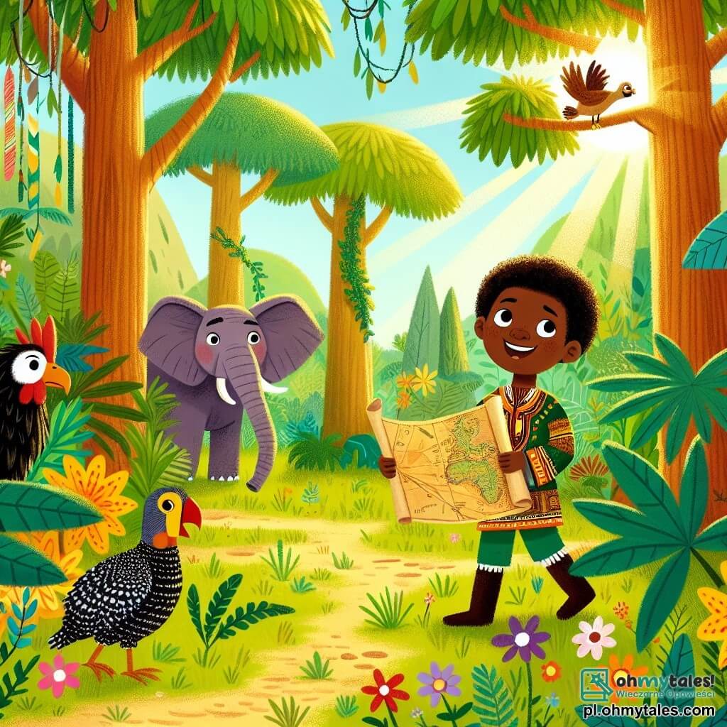Illustration destinée aux enfants représentant une scène vibrante d'une jungle luxuriante en Afrique, où de grands arbres aux troncs épais s'élèvent vers le ciel, leurs feuilles d'un vert éclatant filtrant la lumière du soleil, tandis que des fleurs colorées parsèment le sol. Au centre, un homme au sourire chaleureux, avec des cheveux crépus et une tunique traditionnelle aux motifs africains, tient une carte ancienne dans ses mains, l'air déterminé et curieux. À ses côtés, une petite maïpoule espiègle, avec un pelage brun et des yeux pétillants, grimpe joyeusement sur une branche, tandis qu'un grand éléphant au regard doux, aux grandes oreilles et à la peau grise, se penche pour écouter attentivement. Ensemble, ils explorent la jungle à la recherche d'un trésor magique, entourés de l'excitation et de la beauté de la nature, avec des rayons de soleil perçant à travers le feuillage.