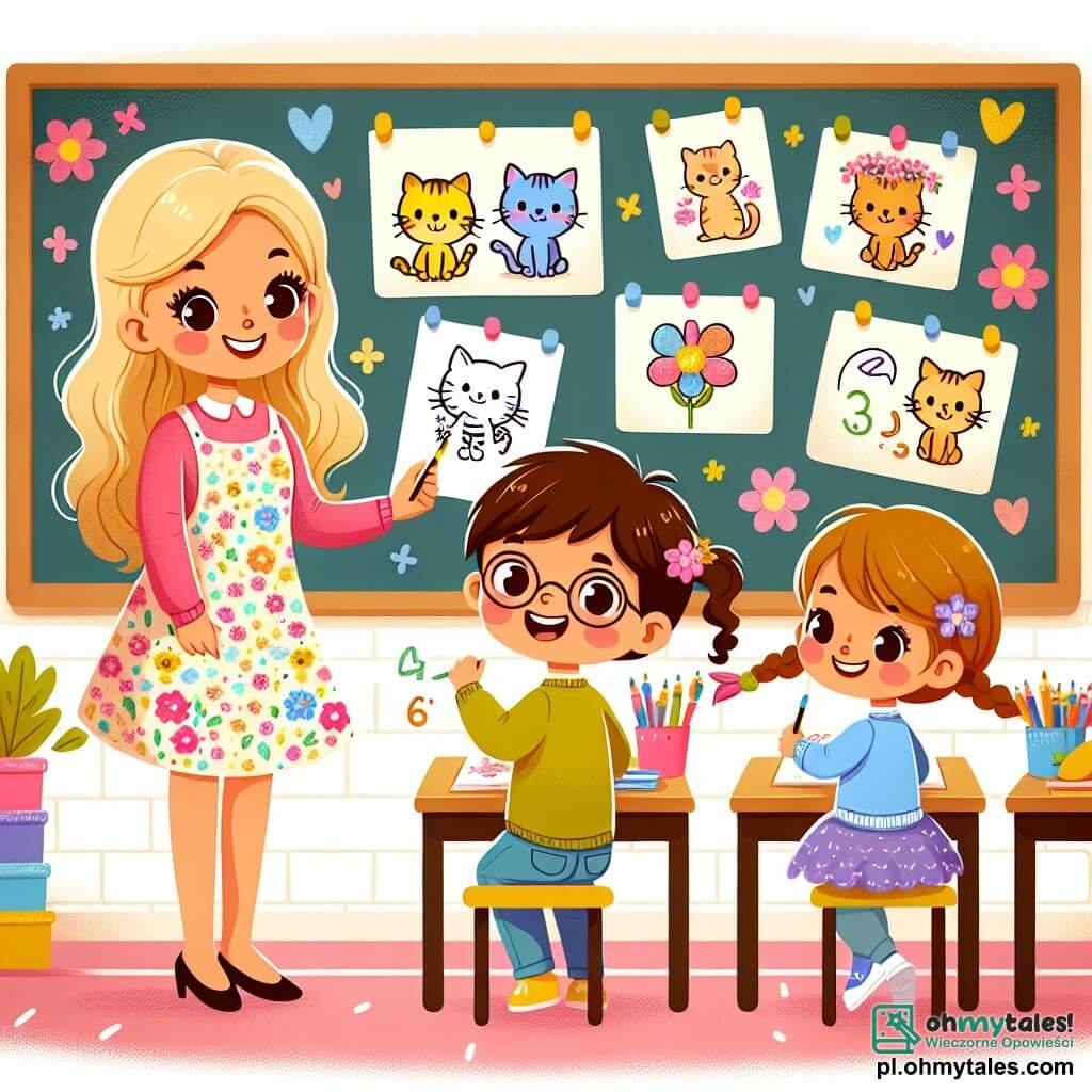 Une illustration sous forme de dessin destinée aux enfants représentant une salle de classe colorée avec des murs décorés de dessins d'enfants, où une enseignante souriante aux cheveux blonds et aux yeux pétillants, vêtue d'une robe fleurie, aide un petit garçon aux cheveux bruns et aux lunettes, assis à son bureau, à résoudre un problème de mathématiques en utilisant des illustrations de chats, tandis qu'une petite fille aux cheveux châtains et tressés, joyeusement levée, montre un dessin de fleur qu'elle a réalisé, symbolisant l'apprentissage et la créativité dans un environnement chaleureux et encourageant.