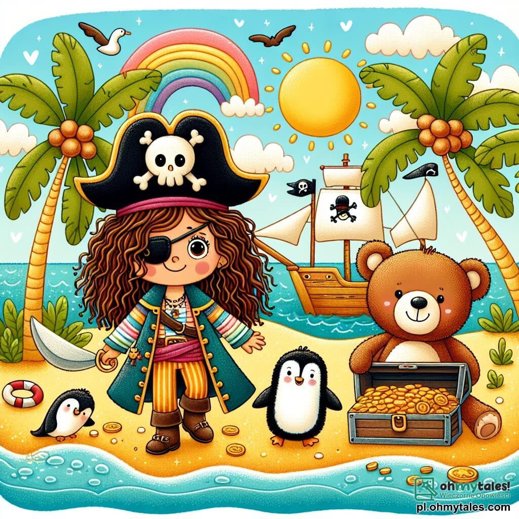 Une illustration sous forme de dessin destinée aux enfants représentant une île tropicale ensoleillée avec des palmiers et un sable doré, où une courageuse pirate aux cheveux longs et bouclés, portant un chapeau de pirate et une veste colorée, se tient fièrement sur le pont de son navire, le regard déterminé, tandis qu'un petit pingouin espiègle aux plumes noires et blanches danse joyeusement à ses pieds, et un grand ours en peluche au pelage brun, au sourire amical, les aide à déterrer un coffre au trésor scintillant, rempli de pièces d'or et de joyaux, alors qu'une mer calme s'étend à l'horizon.