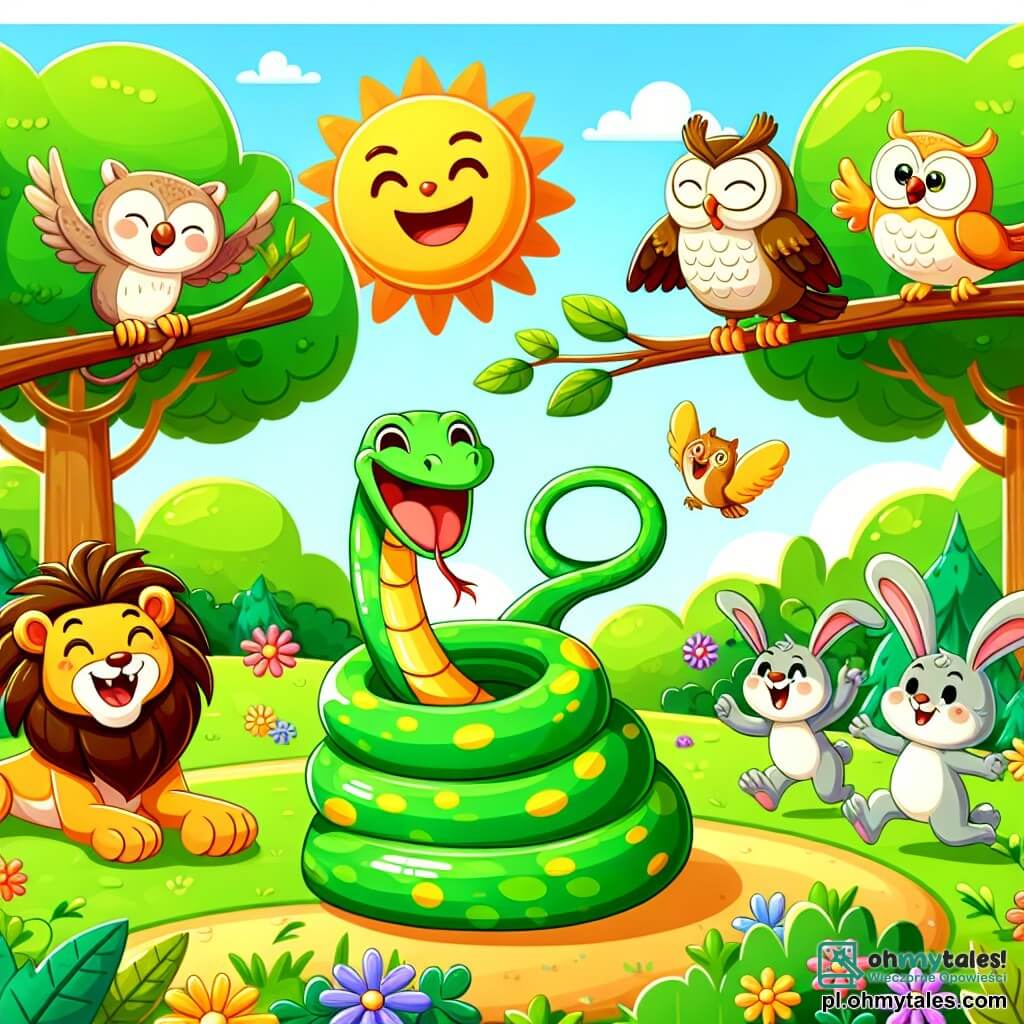 Une illustration sous forme de dessin destinée aux enfants représentant une clairière ensoleillée au cœur d'une forêt verdoyante, où un serpent aux écailles vertes et aux taches jaunes s'enroule joyeusement autour d'une branche, riant avec ses amis : un lion majestueux portant une couronne de feuilles, une sage chouette aux lunettes rondes perchée sur une autre branche, et une petite lapine aux grandes oreilles qui saute de joie, tous réunis pour participer à un amusant concours de blagues et de courses, entourés de fleurs colorées et de rires éclatants.