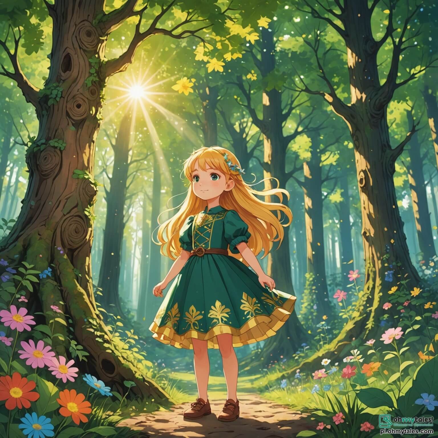 Une illustration destinée aux enfants représentant une petite fille aux cheveux dorés et aux yeux pétillants, vêtue d'une robe colorée ornée de fleurs, se tenant avec détermination au bord d'une forêt enchantée où les arbres majestueux aux troncs noueux s'élèvent vers le ciel, leurs feuilles scintillant comme des émeraudes sous les rayons du soleil, tandis qu'elle s'apprête à partir à l'aventure pour retrouver un précieux sifflet perdu, accompagnée d'un grand ours brun au pelage doux et chaleureux, qui, bien qu'un peu maladroit, est son fidèle ami et protecteur, et d'une sage princesse aux longs cheveux argentés, qui veille sur eux depuis un coin secret de la forêt, prête à leur offrir des conseils précieux pour surmonter les défis qui les attendent dans ce monde magique où chaque pas peut révéler des merveilles ou des mystères.