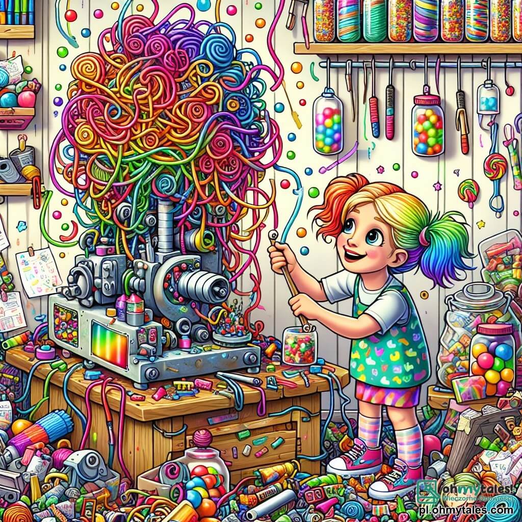 Ilustracja przedstawiająca kolorowy i chaotyczny warsztat, wypełniony różnorodnymi materiałami: plastikowymi rurkami, rozrzuconymi narzędziami i zapisanymi kartkami. Na środku znajduje się kobieta o tęczowych włosach i błyszczących oczach, pochylona nad dziwną maszyną przypominającą małe drzewo z kolorowymi, skręconymi gałęziami. Dostosowuje elementy z entuzjastycznym uśmiechem, pełna twórczej energii. Obok niej stoi dziewczynka w wieku około dziesięciu lat, z warkoczami i koszulką w cukierkowe wzory, która z zachwytem obserwuje, trzymając w rękach mały notes, gotowa zapisać wynalazki. Scena ukazuje kobietę pociągającą za dźwignię, podczas gdy kolorowe konfetti i cukierki zaczynają wypływać z maszyny, tworząc radosną i magiczną atmosferę. W tle półki są wypełnione słoikami z cukierkami i małymi gadżetami, co dodaje zabawnego klimatu warsztatu.