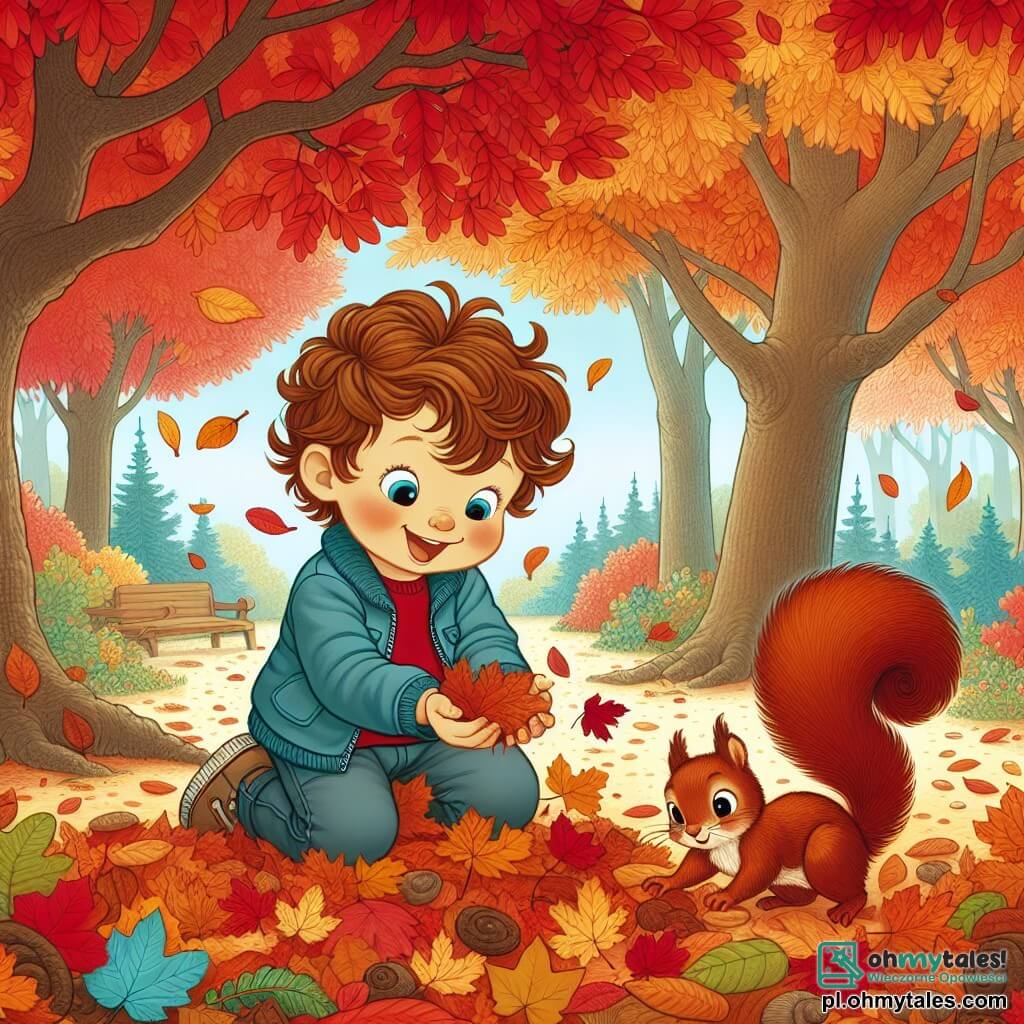 Une illustration sous forme de dessin destinée aux enfants représentant un parc en automne, avec des arbres aux feuilles colorées en jaune, orange et rouge, un garçon de 3 ans aux cheveux bruns et aux yeux pétillants, joyeusement accroupi en train de ramasser des feuilles, tandis qu'une petite wiewiórka rousse aux yeux vifs s'approche curieusement, et un papa souriant aux cheveux châtains se tient à proximité, observant son fils avec fierté, le tout dans une ambiance chaleureuse et ensoleillée, évoquant la magie des découvertes automnales.