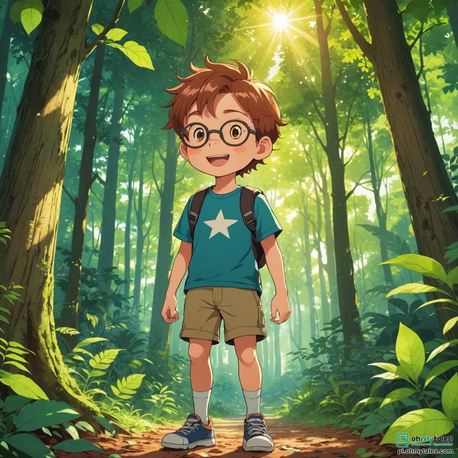 Une illustration destinée aux enfants représentant un garçon aux cheveux châtains et aux yeux pétillants de curiosité, vêtu d'un t-shirt coloré et de shorts, se tenant avec enthousiasme au milieu d'une forêt verdoyante, où les rayons du soleil filtrent à travers les feuilles des arbres majestueux, illuminant un petit groupe d'enfants, dont une fille aux couettes dorées et un garçon à lunettes, tous engagés dans une mission joyeuse de nettoyage et de protection de la nature, entourés de fleurs éclatantes, de papillons virevoltants et d'un doux chant d'oiseaux, tandis qu'un petit chien au pelage brun, fidèle compagnon du garçon, gambade joyeusement autour d'eux, créant une atmosphère de camaraderie et d'amour pour l'écologie.