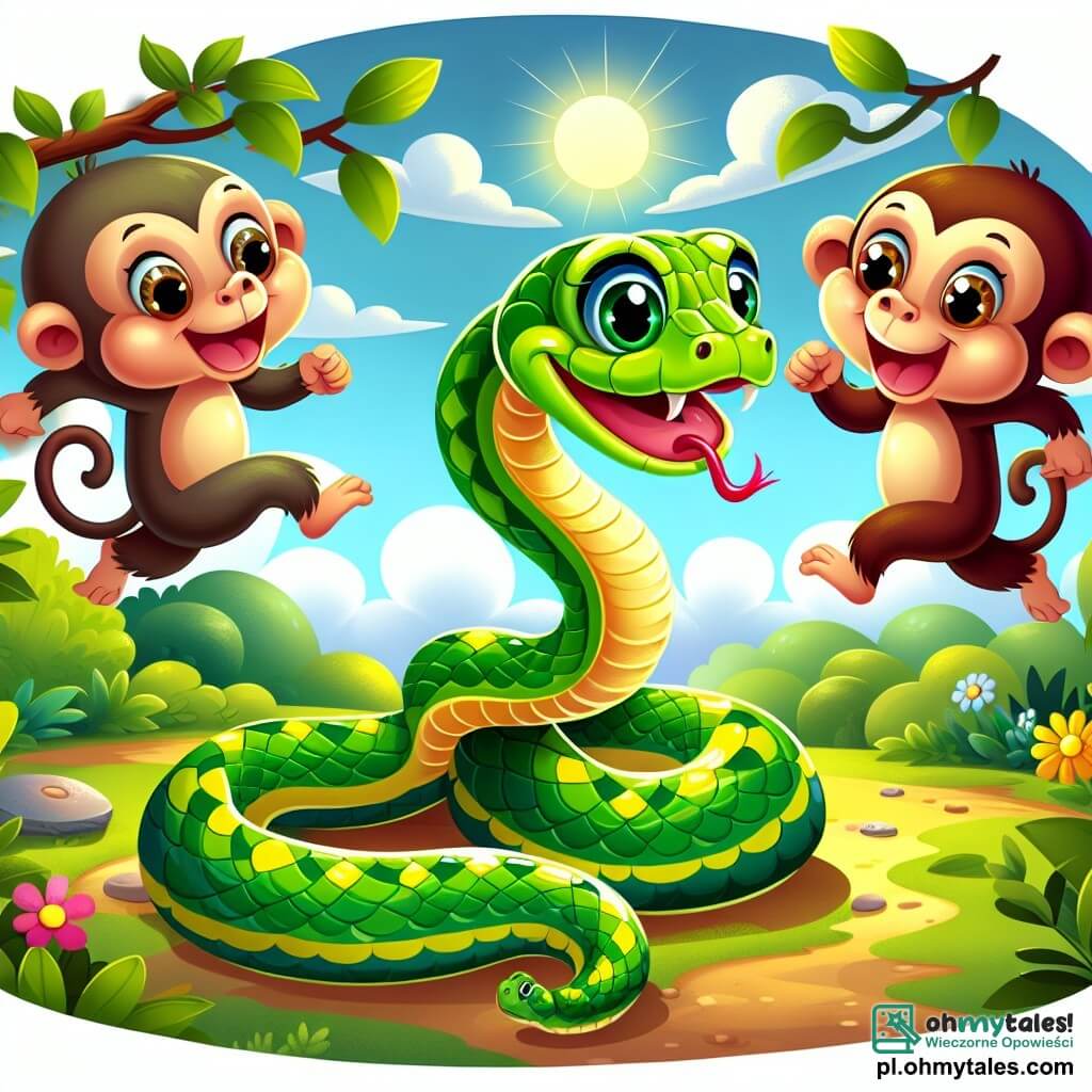 Une illustration sous forme de dessin destinée aux enfants représentant une scène colorée dans une jungle luxuriante, où un serpent aux écailles vertes et jaunes, enroulé sur une branche, essaie de danser avec enthousiasme, tandis que deux joyeuses singes aux pelages bruns et aux grands yeux pétillants, sautent autour de lui en riant, le tout sous un ciel ensoleillé parsemé de nuages moelleux, capturant l'esprit d'amitié et de joie de cette aventure amusante.