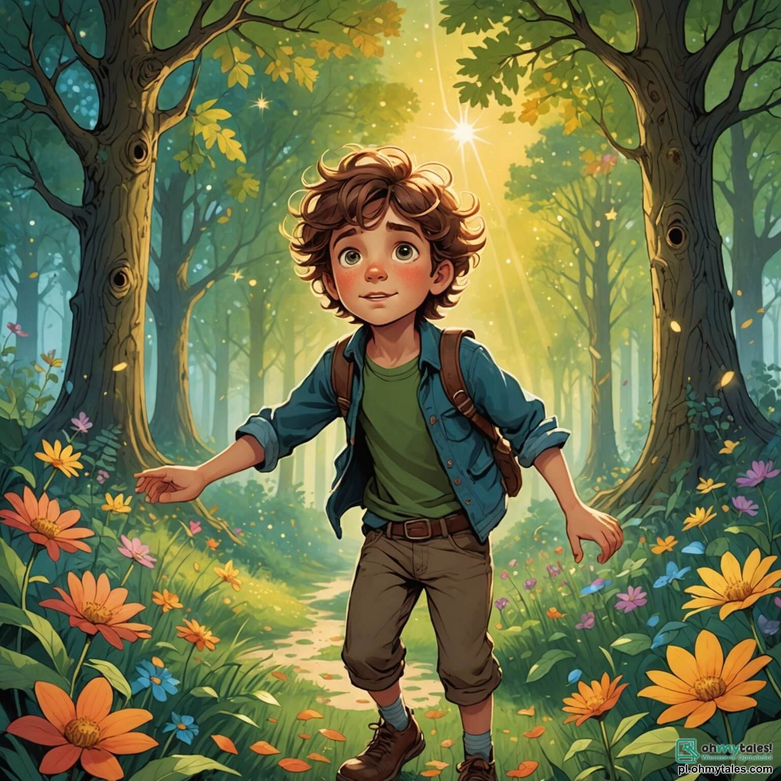 Une illustration destinée aux enfants représentant un garçon aux yeux pétillants de curiosité, dont les cheveux ébouriffés dansent au gré du vent, se tenant au bord d'une clairière enchantée, où les rayons du soleil filtrent à travers les feuillages des arbres majestueux, illuminant un tapis de fleurs multicolores qui semblent murmurer des secrets anciens, alors qu'il se prépare à entreprendre une quête pour retrouver une étoile tombée du ciel, accompagné d'une sage chouette aux plumes argentées, qui veille sur lui avec bienveillance, et d'un petit lapin au pelage doux comme du velours, qui l'encourage avec des bonds joyeux, le tout dans un décor féerique où les ombres des arbres dansent et où le chant des oiseaux résonne comme une mélodie apaisante, créant une atmosphère à la fois magique et philosophique, propice à l'éveil des esprits.