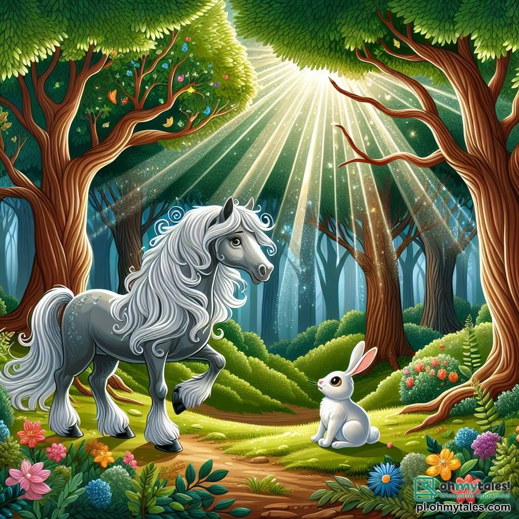 Une illustration sous forme de dessin destinée aux enfants représentant une forêt enchantée, avec des arbres majestueux aux feuilles vertes brillantes et des fleurs colorées, où un magnifique cheval au pelage argenté et à la crinière ondulante se tient avec bienveillance, tandis qu'un petit lapin au pelage blanc et aux grands yeux ronds l'observe avec inquiétude, alors qu'ils cherchent ensemble le chemin de retour vers le foyer du lapin, entourés de rayons de soleil filtrant à travers les branches et d'animaux curieux écoutant leur conversation.