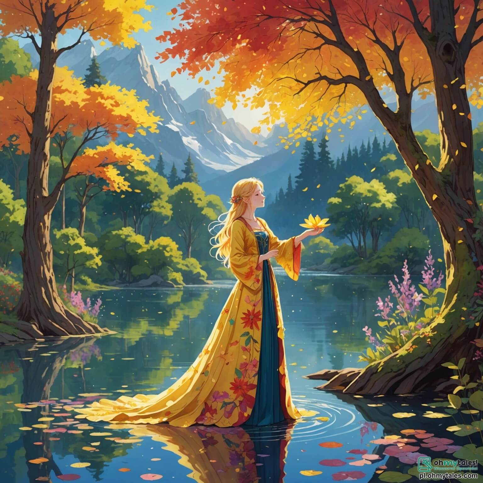 Une illustration destinée aux enfants représentant une jeune femme au cœur pur, aux cheveux dorés comme les rayons du soleil, vêtue d'une robe faite de pétales de fleurs colorées, se tenant courageusement au bord d'un lac scintillant, entourée de majestueux arbres aux troncs noueux et aux feuilles chatoyantes, tandis qu'un petit oiseau aux plumes rouges, son fidèle compagnon, chante joyeusement à ses côtés, alors qu'elle se prépare à affronter une sorcière maléfique qui menace de plonger son royaume enchanteur dans l'obscurité, avec des créatures magiques comme des elfes espiègles et des animaux parlants, tous réunis dans cette forêt mystérieuse où la lumière filtre à travers le feuillage, créant un spectacle de couleurs éclatantes et de doux murmures de la nature.
