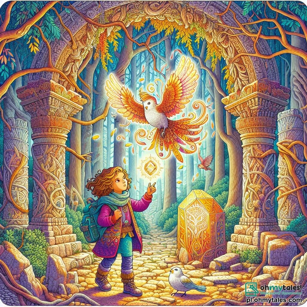 Une illustration sous forme de dessin destinée aux enfants représentant un magnifique Zaczarowany Las avec des arbres majestueux aux feuilles dorées, où une fille de 11 ans aux cheveux bruns et bouclés, portant une tunique colorée et un sac à dos, se tient courageusement devant un grand cristal lumineux au centre d'anciennes ruines, tandis qu'un petit oiseau aux plumes éclatantes, avec un regard reconnaissant, vole autour d'elle, symbolisant l'amitié et la magie, dans une atmosphère d'aventure et de découverte.