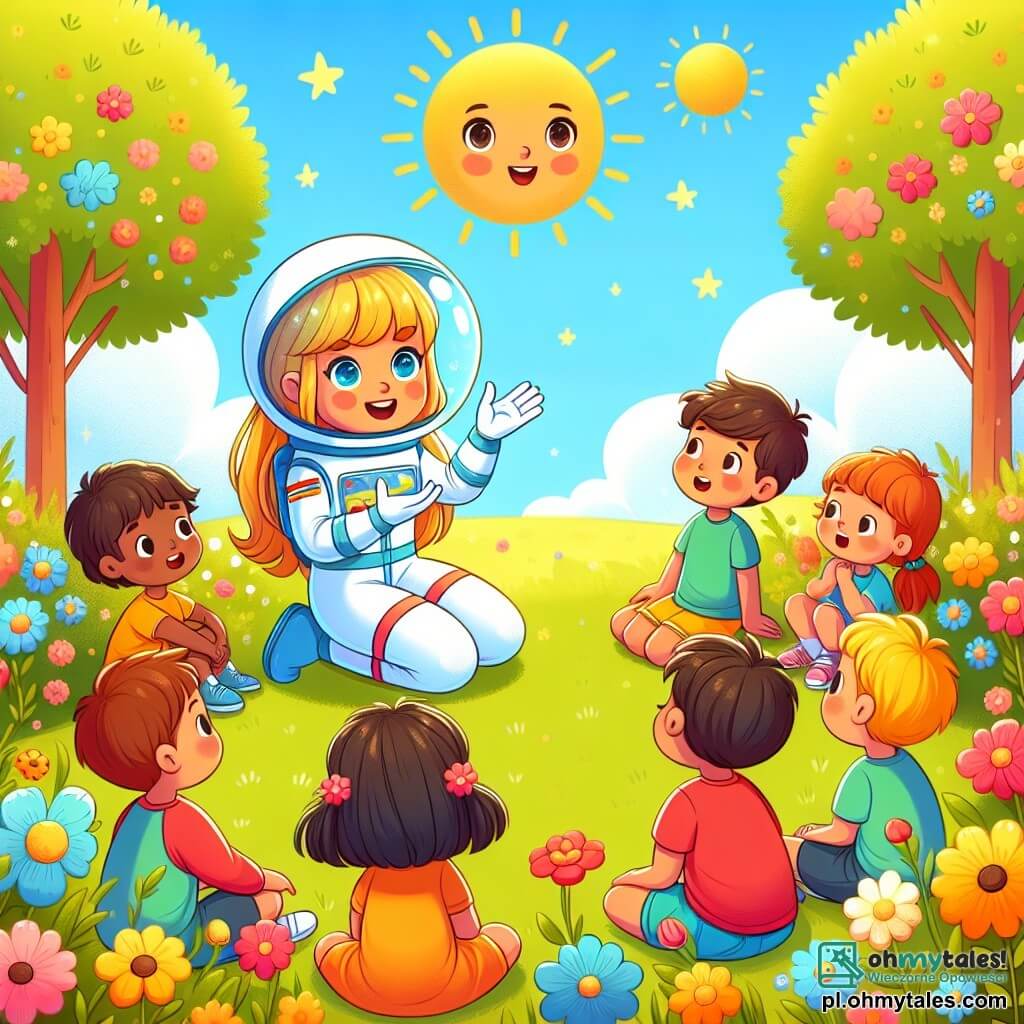 Ilustracja przedstawiająca mały słoneczny ogród, wypełniony kolorowymi kwiatami i zielonymi drzewami. Na środku, uśmiechnięta astronautka w błyszczącym skafandrze i przezroczystym hełmie, kuca, aby rozmawiać z grupą dzieci. Jej blond włosy są widoczne przez hełm, a oczy błyszczą radością. Wokół niej trójka dzieci: 7-letni chłopiec z rozczochranymi brązowymi włosami, w czerwonym t-shircie i niebieskich szortach, entuzjastycznie podnoszący rękę; 6-letnia dziewczynka z czarnymi warkoczami, ubrana w żółtą sukienkę, która z szeroko otwartymi oczami patrzy na astronautkę; oraz 5-letni chłopiec z blond włosami, w zielonym t-shircie, który uważnie słucha, trzymając ręce na kolanach. Scena pokazuje astronautkę dzielącą się fascynującymi historiami o kosmosie, podczas gdy dzieci, zafascynowane, słuchają z zachwytem. W tle jasnoniebieskie niebo i kilka białych chmur dodają delikatności tej radosnej i inspirującej atmosferze.