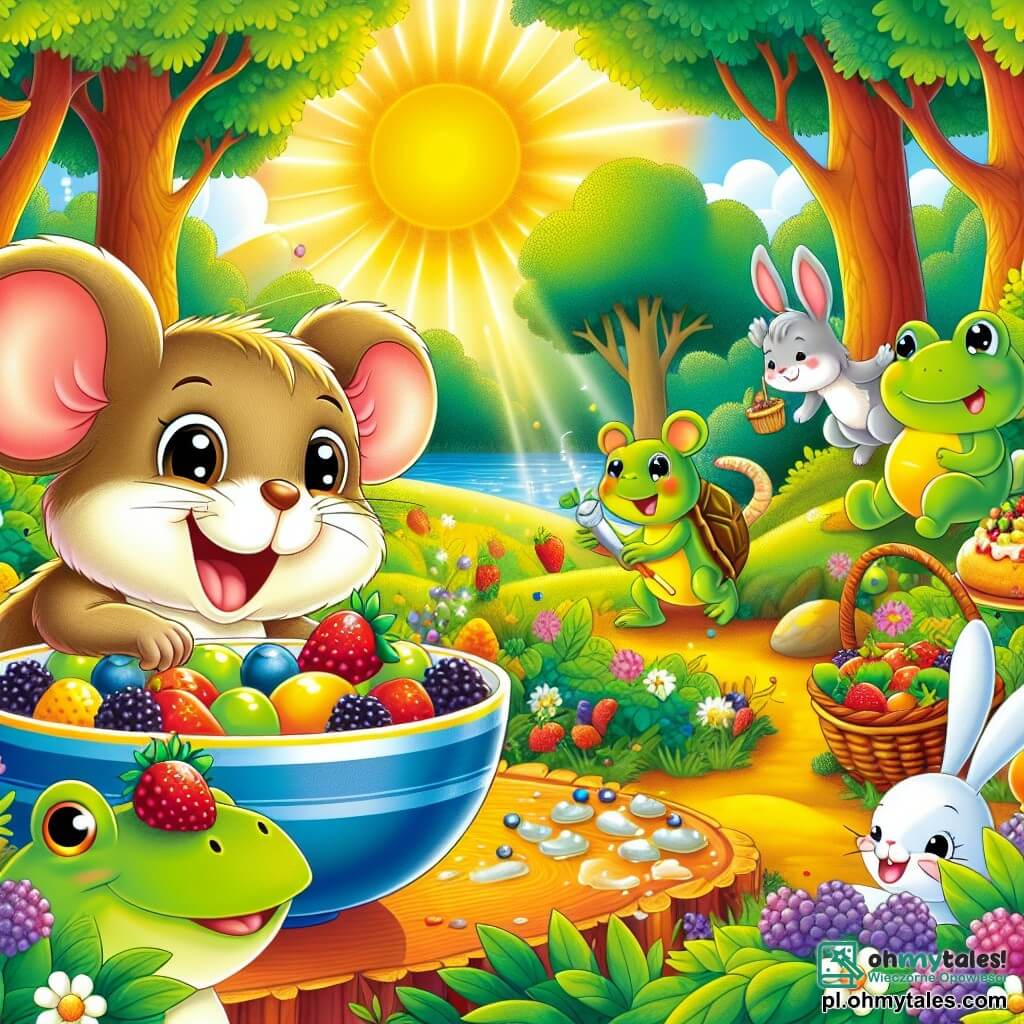 Une illustration sous forme de dessin destinée aux enfants représentant une clairière ensoleillée dans une forêt colorée, où une petite souris aux grandes oreilles et au pelage brun clair, joyeusement occupée à mélanger des fruits dans un grand bol, est entourée de ses amis : une grenouille verte aux yeux pétillants qui saute de joie, un lapin aux grandes pattes blanches qui tient un panier rempli de baies, et une tortue au dos rayé qui sourit en les regardant, tous célébrant leur amitié et la préparation d'un délicieux gâteau aux fruits pour une fête joyeuse.