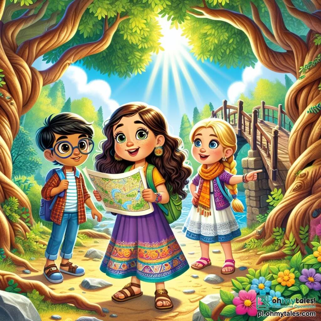 Illustration destinée aux enfants représentant une scène vibrante dans une forêt enchantée, où de grands arbres aux troncs noueux s'élèvent vers un ciel bleu parsemé de nuages cotonneux. Au centre, une fille de 7 ans avec de longs cheveux bouclés, portant une robe colorée et des sandales, tient une carte dans ses mains, son visage illuminé par l'excitation de l'aventure. À ses côtés, deux amis : un garçon aux cheveux bruns et aux lunettes, qui observe attentivement les environs, et une fille aux cheveux blonds tressés, qui pointe du doigt un groupe de fleurs colorées. Ensemble, ils se tiennent devant un vieux pont en bois, un air d'émerveillement sur leurs visages, prêts à traverser pour découvrir les mystères cachés de la forêt. Des rayons de soleil filtrent à travers les feuilles, créant une atmosphère magique et pleine de promesses d'aventures à venir.
