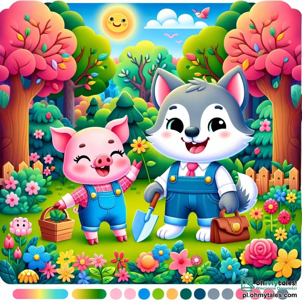 Une illustration sous forme de dessin destinée aux enfants représentant un vaste parc verdoyant avec des arbres colorés et des fleurs éclatantes, où un petit cochon aux oreilles roses et aux yeux pétillants, portant une salopette en denim, se tient joyeusement aux côtés d'un grand loup au sourire amical, vêtu d'un élégant costume, tandis qu'ils travaillent ensemble à planter des arbres et à construire des maisons écologiques, symbolisant l'amitié et la coopération dans un monde réinventé des contes de fées.