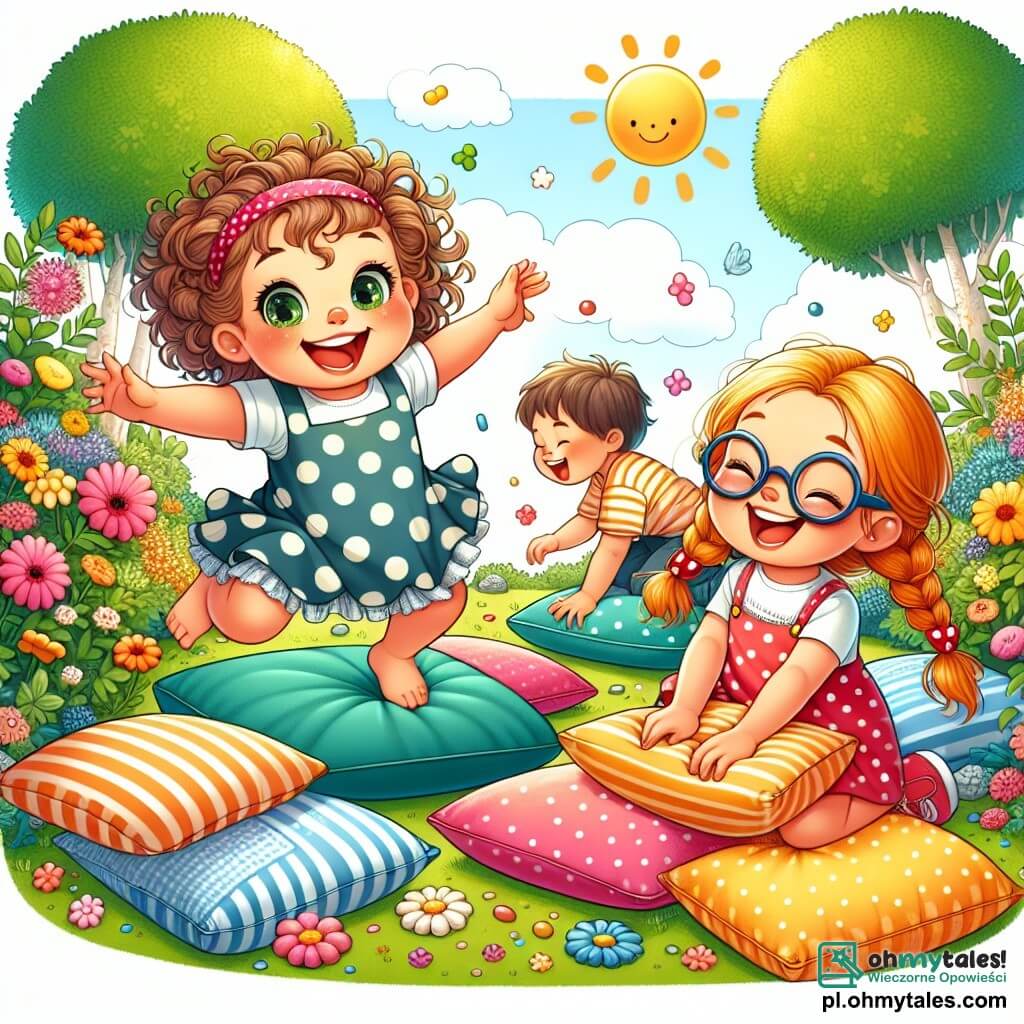 Une illustration sous forme de dessin destinée aux enfants représentant un jardin ensoleillé avec des fleurs colorées et des arbres verdoyants, où une petite fille de 4 ans aux cheveux bouclés et aux yeux pétillants, vêtue d'une robe à pois, saute joyeusement sur des coussins disposés au sol, tandis qu'un garçon aux lunettes surdimensionnées et une autre fille avec de jolis warkoczyki rouges l'encouragent en riant, tous trois s'amusant ensemble lors d'un hilarant parcours d'obstacles improvisé, entourés de rires et de bonne humeur.
