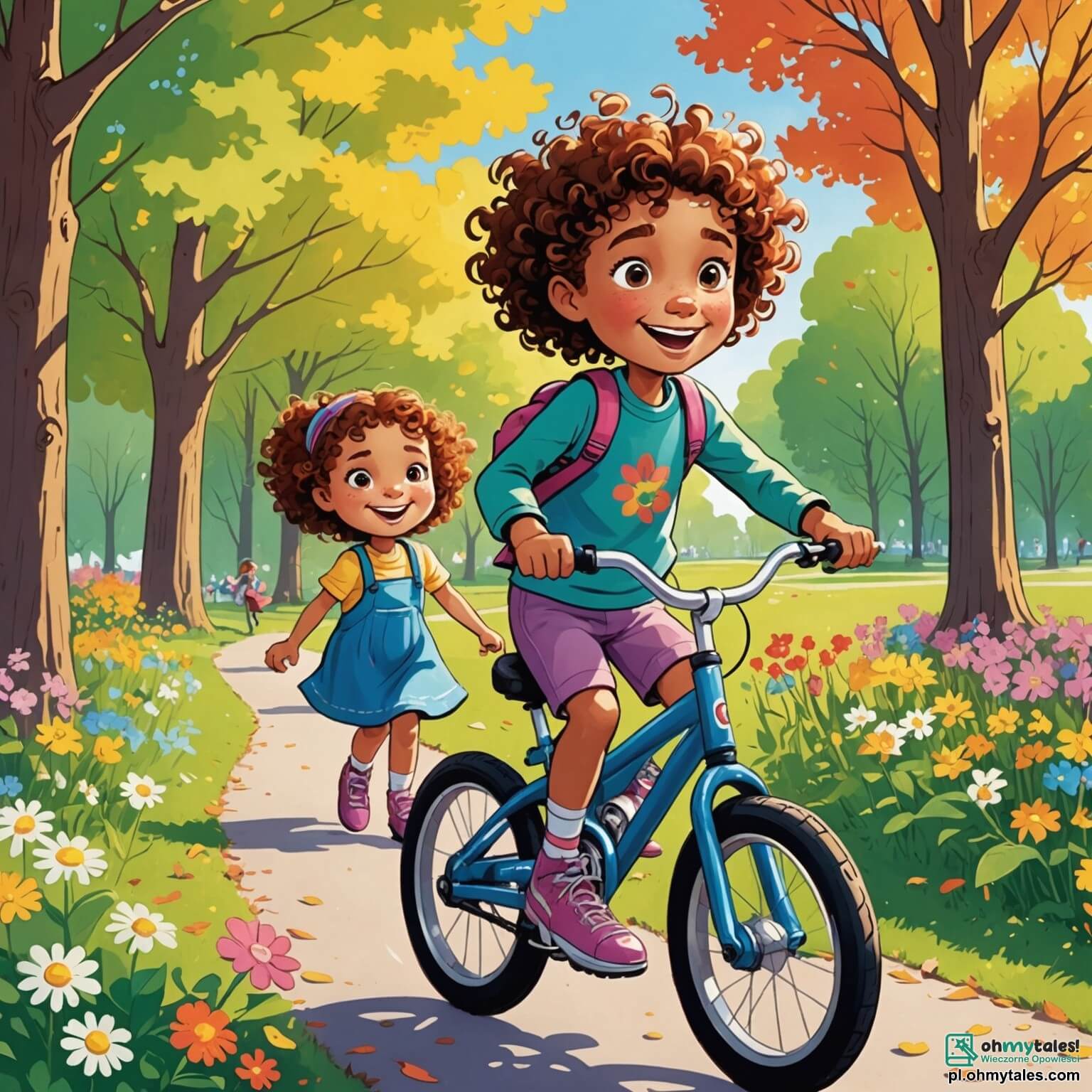 Une illustration destinée aux enfants représentant une petite fille aux cheveux bouclés et pétillants, pleine de détermination, qui, dans un parc ensoleillé parsemé de fleurs colorées et de grands arbres aux feuilles dansantes, apprend à surmonter ses peurs en apprenant à faire du vélo avec l'aide bienveillante de son papa, un homme au sourire chaleureux, tout en se liant d'amitié avec d'autres enfants joyeux qui l'encouragent à croire en elle-même et à savourer chaque moment de cette belle aventure.